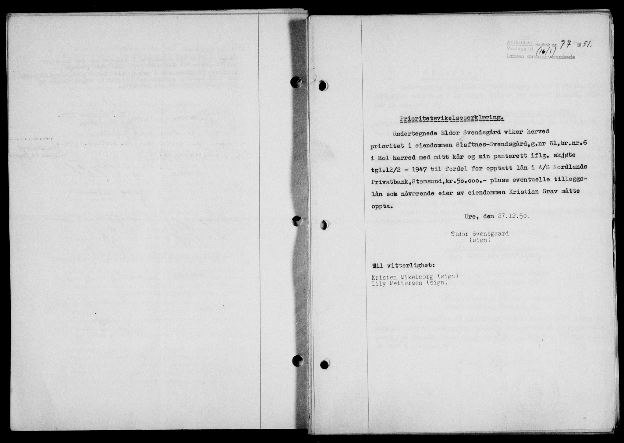 Lofoten sorenskriveri, SAT/A-0017/1/2/2C/L0025a: Mortgage book no. 25a, 1950-1951, Diary no: : 77/1951