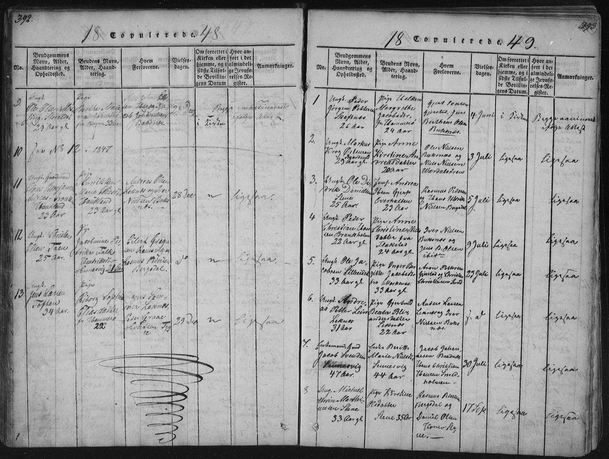 Ministerialprotokoller, klokkerbøker og fødselsregistre - Nordland, AV/SAT-A-1459/881/L1164: Parish register (copy) no. 881C01, 1818-1853, p. 392-393