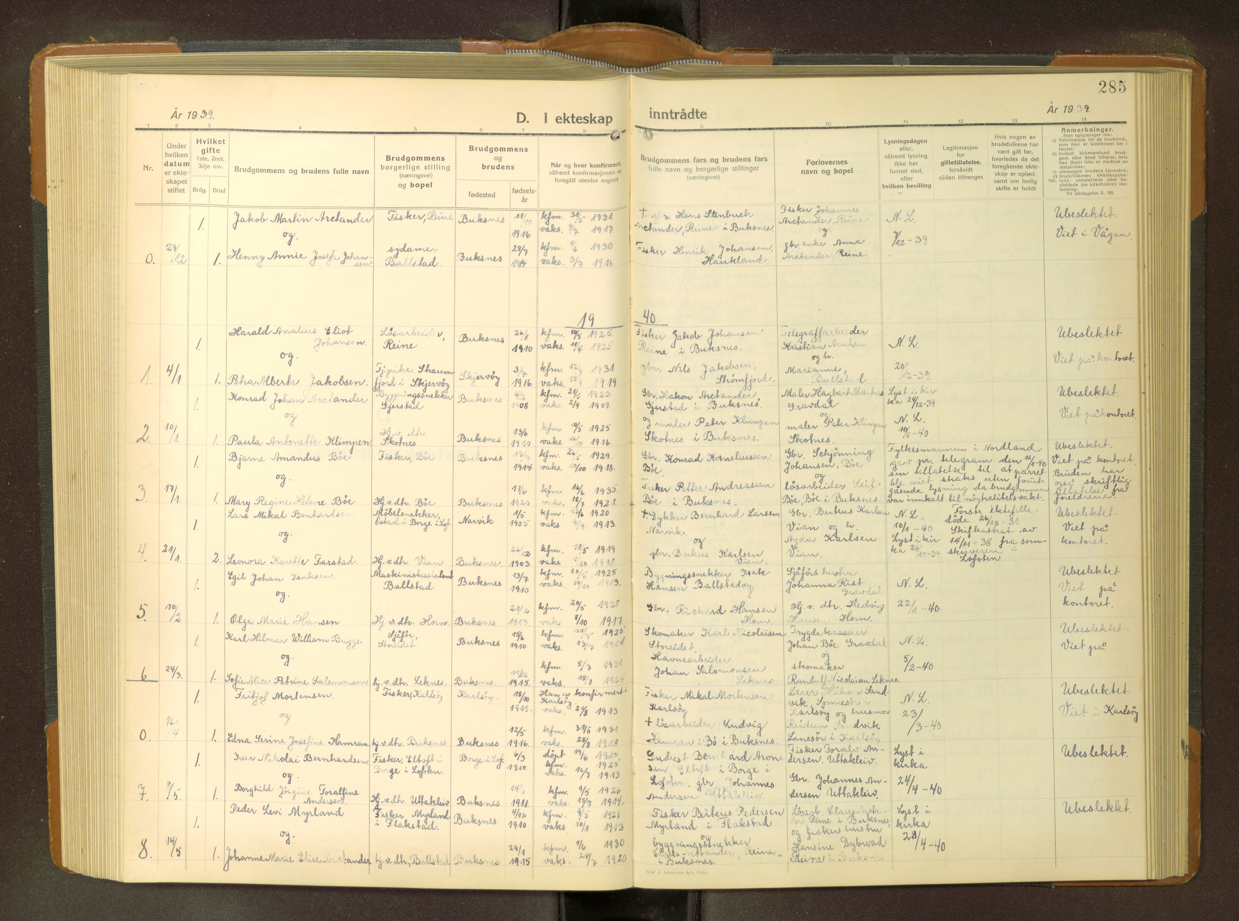 Ministerialprotokoller, klokkerbøker og fødselsregistre - Nordland, AV/SAT-A-1459/881/L1171: Parish register (copy) no. 881---, 1938-1964, p. 285