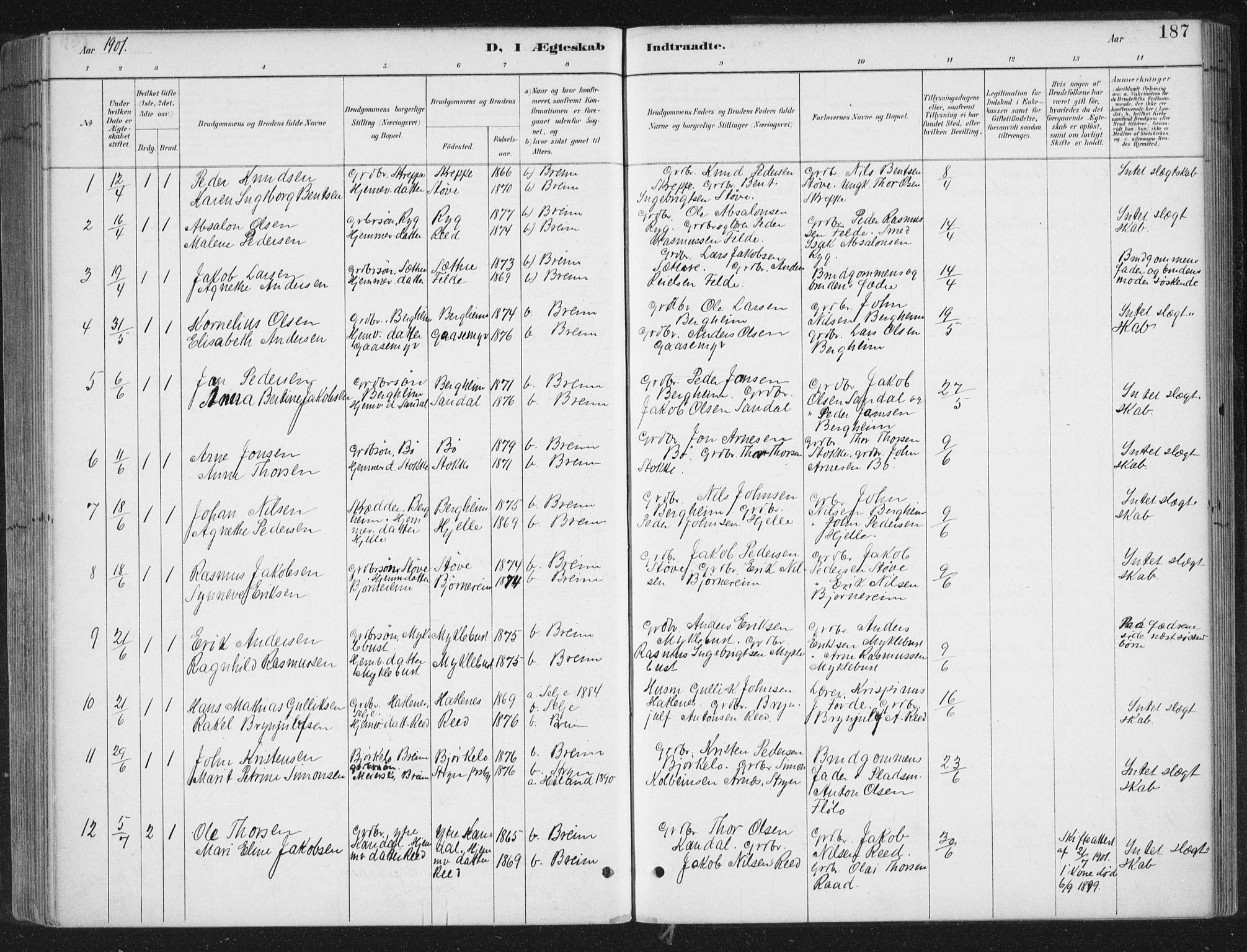 Gloppen sokneprestembete, SAB/A-80101/H/Haa/Haac/L0002: Parish register (official) no. C  2, 1887-1904, p. 187