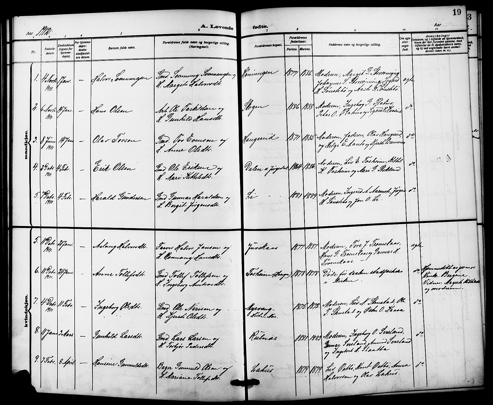 Bø kirkebøker, SAKO/A-257/G/Ga/L0007: Parish register (copy) no. 7, 1909-1924, p. 19