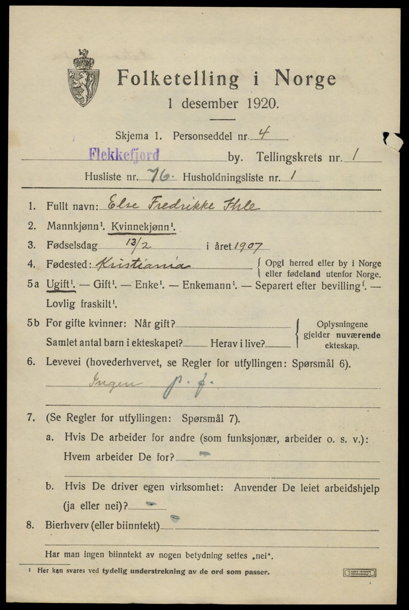 SAK, 1920 census for Flekkefjord, 1920, p. 2482