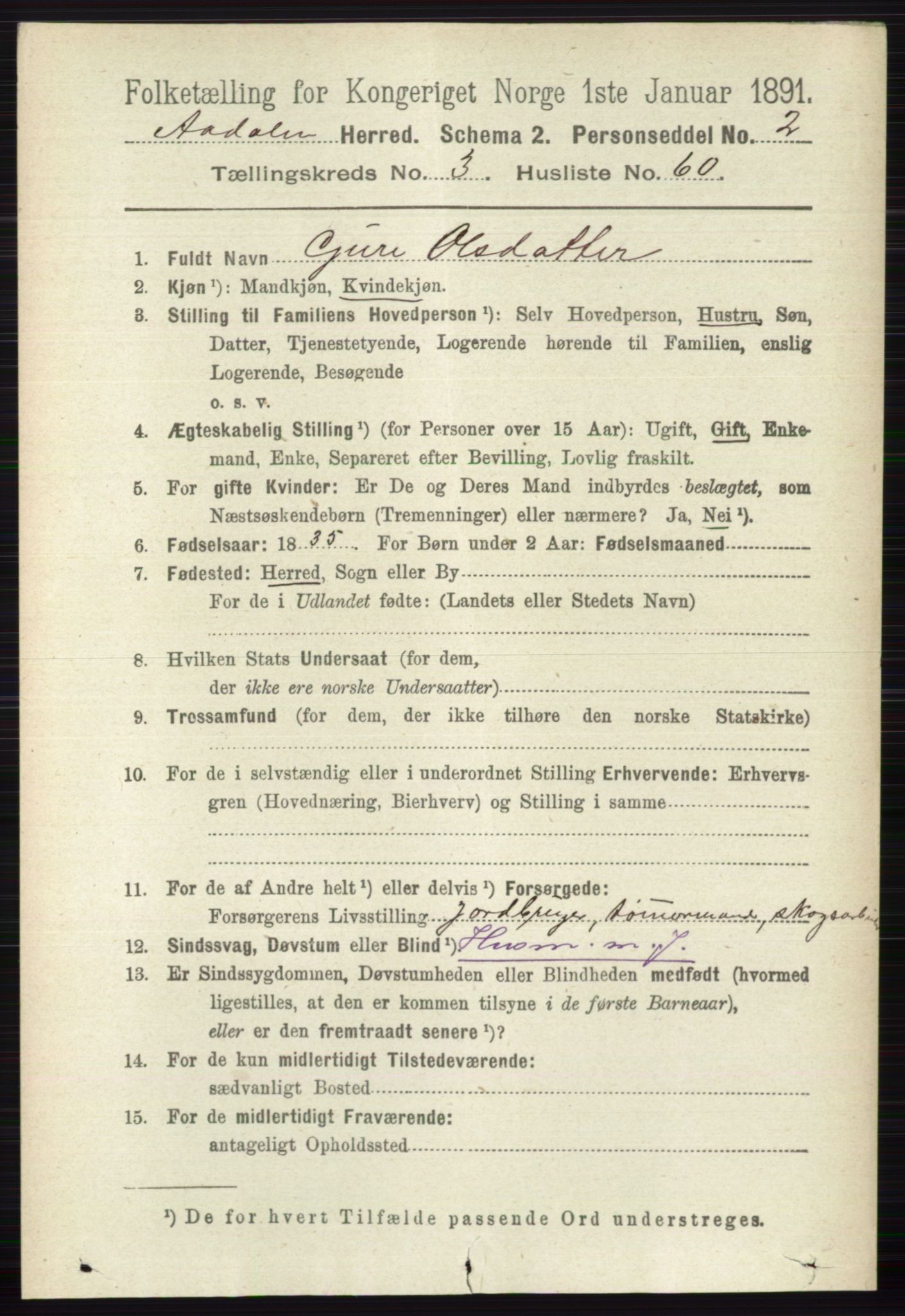 RA, 1891 census for 0614 Ådal, 1891, p. 1445