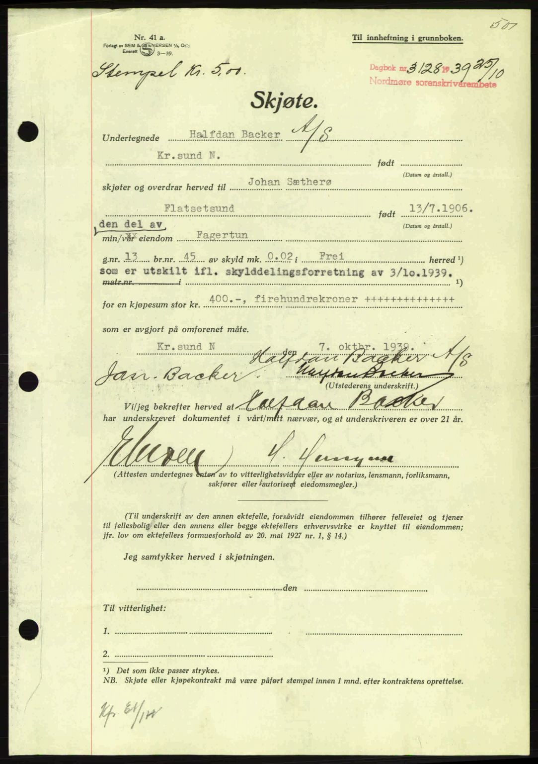 Nordmøre sorenskriveri, AV/SAT-A-4132/1/2/2Ca: Mortgage book no. A87, 1939-1940, Diary no: : 3128/1939