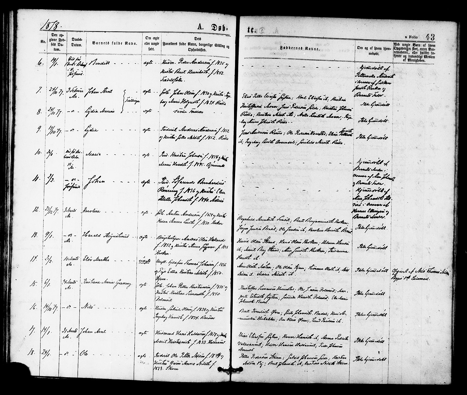 Ministerialprotokoller, klokkerbøker og fødselsregistre - Sør-Trøndelag, SAT/A-1456/655/L0679: Parish register (official) no. 655A08, 1873-1879, p. 43