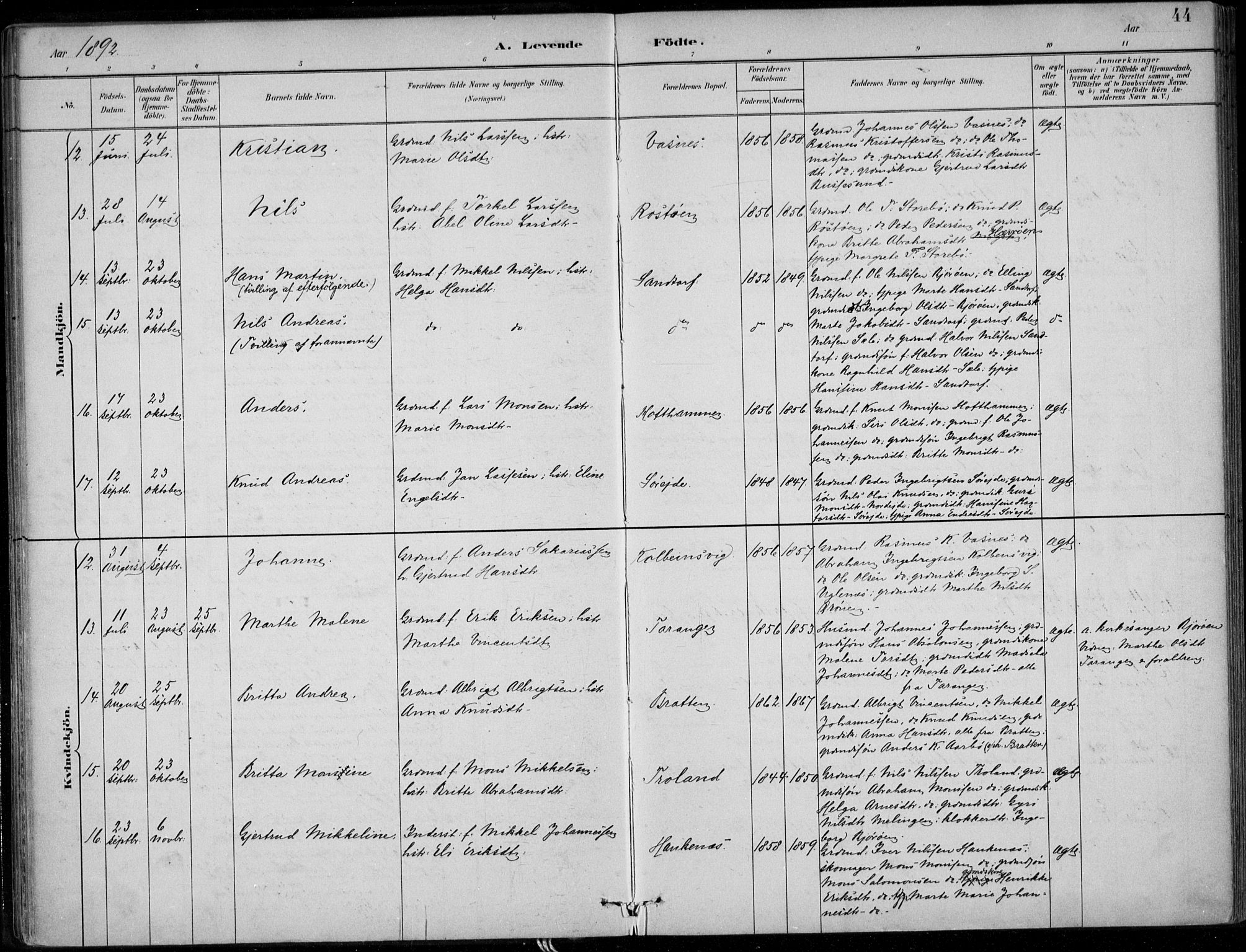 Sund sokneprestembete, SAB/A-99930: Parish register (official) no. C  1, 1882-1899, p. 44