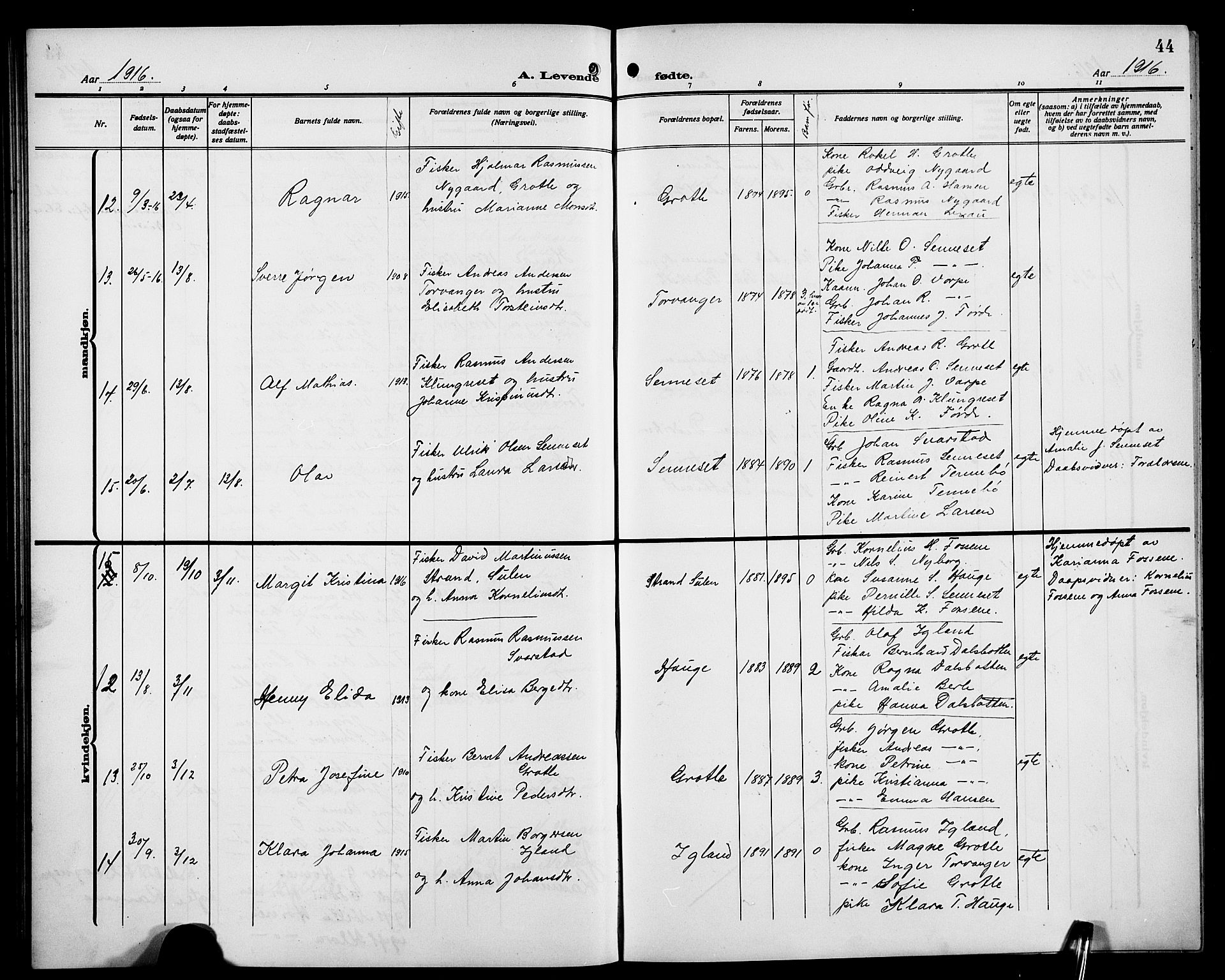 Bremanger sokneprestembete, AV/SAB-A-82201/H/Hab/Habc/L0001: Parish register (copy) no. C 1, 1908-1919, p. 44