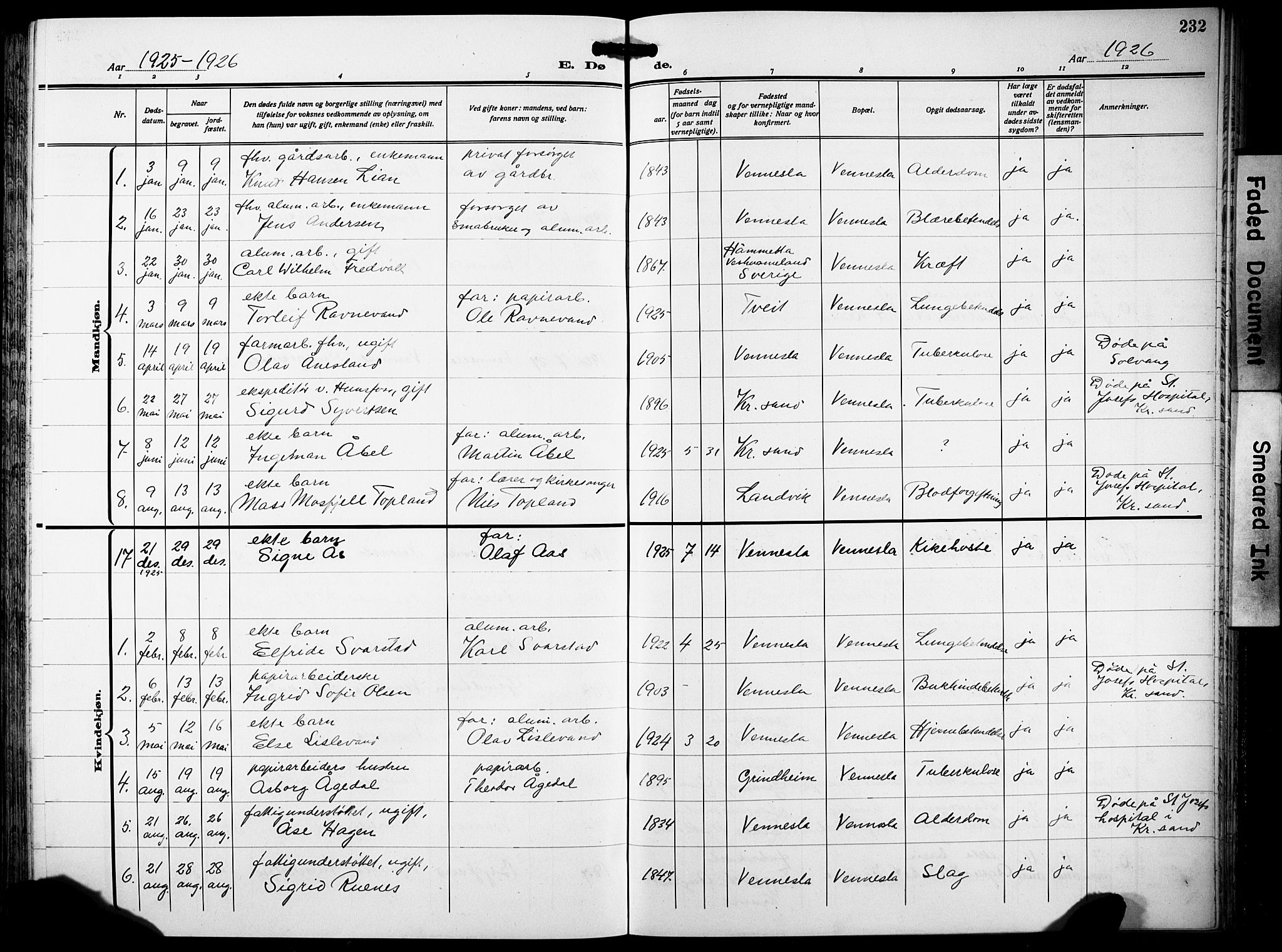 Vennesla sokneprestkontor, AV/SAK-1111-0045/Fb/Fbb/L0007: Parish register (copy) no. B 7, 1922-1933, p. 232