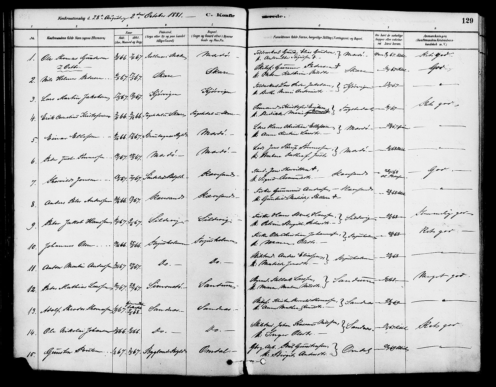 Tromøy sokneprestkontor, AV/SAK-1111-0041/F/Fa/L0009: Parish register (official) no. A 9, 1878-1896, p. 129