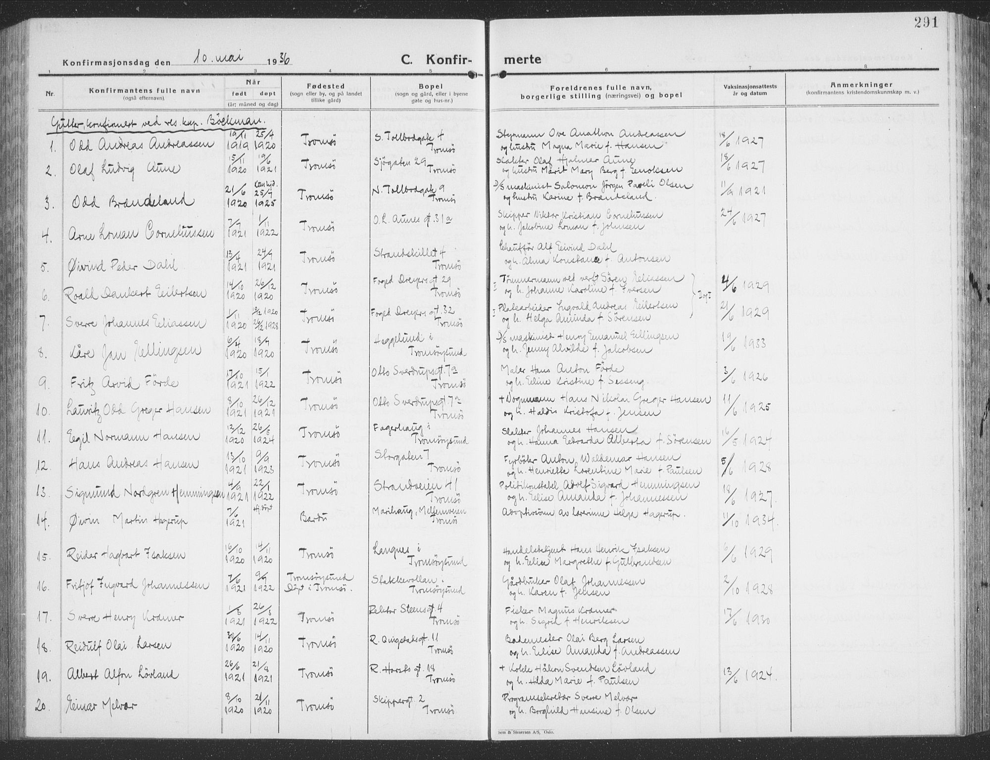 Tromsø sokneprestkontor/stiftsprosti/domprosti, SATØ/S-1343/G/Gb/L0010klokker: Parish register (copy) no. 10, 1925-1937, p. 291