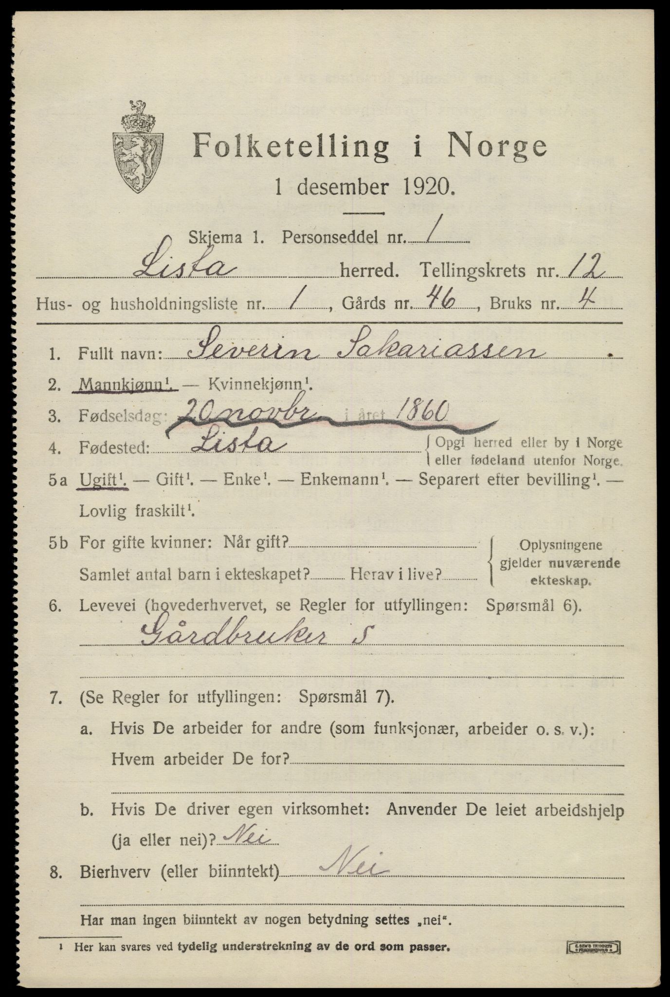 SAK, 1920 census for Lista, 1920, p. 11507