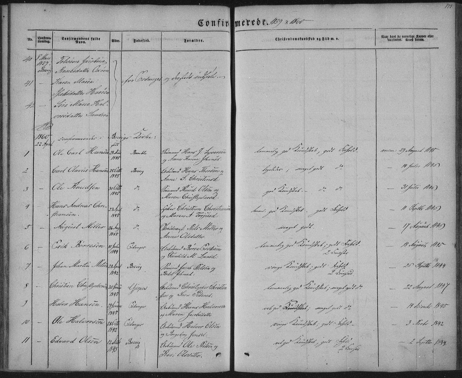 Brevik kirkebøker, SAKO/A-255/F/Fa/L0005: Parish register (official) no. 5, 1847-1865, p. 175