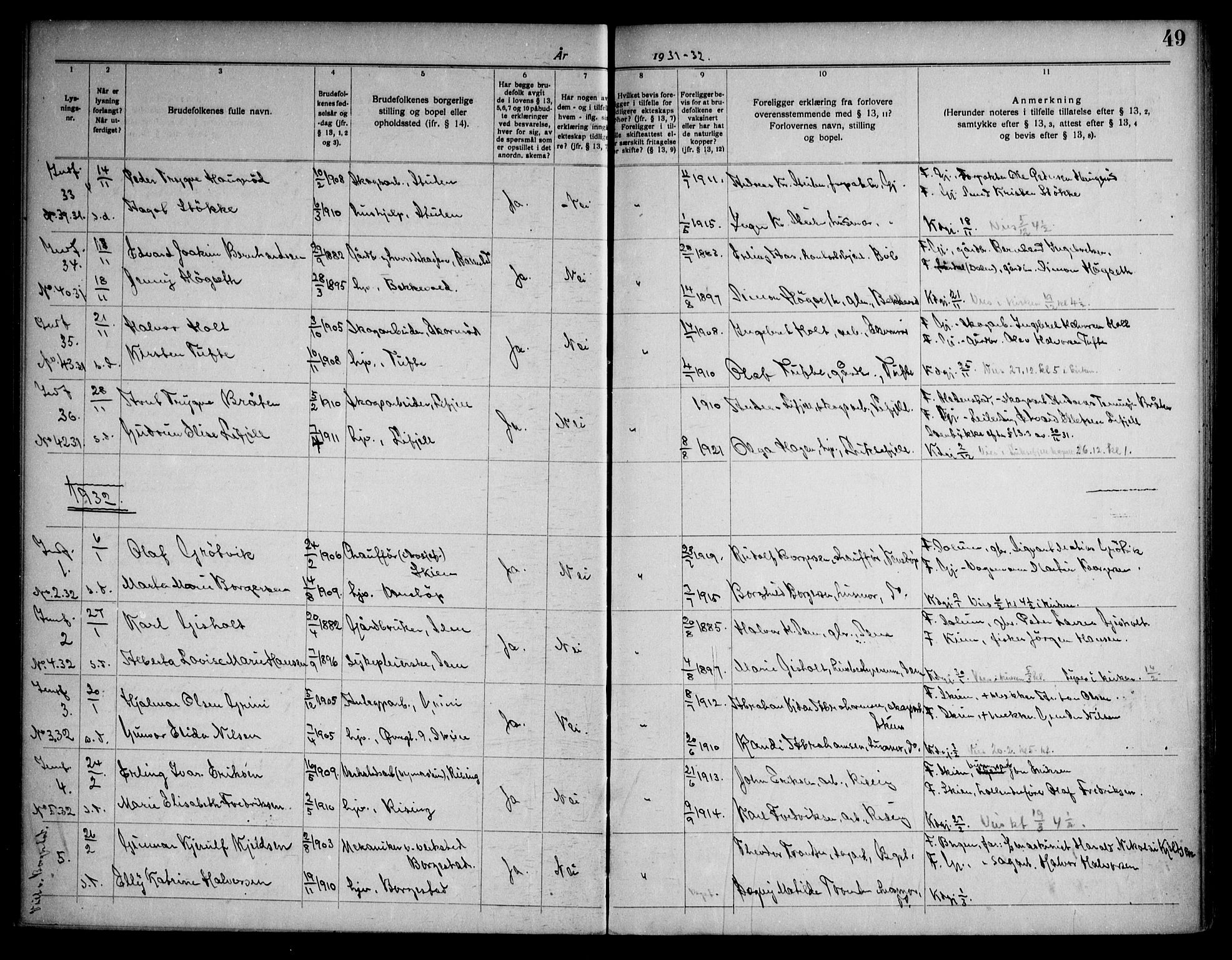 Gjerpen kirkebøker, SAKO/A-265/H/Ha/L0003: Banns register no. I 3, 1919-1946, p. 49