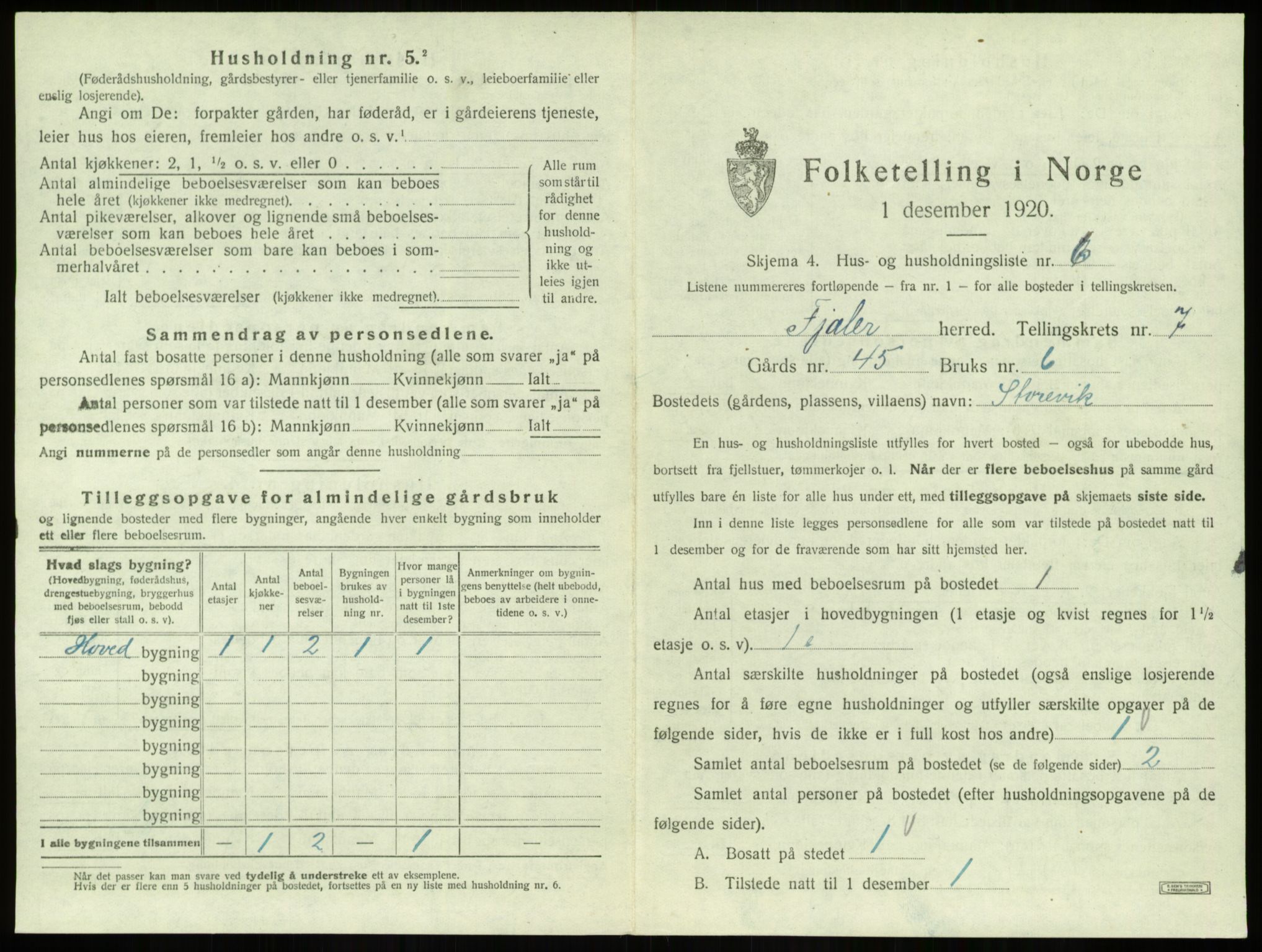 SAB, 1920 census for Fjaler, 1920, p. 580