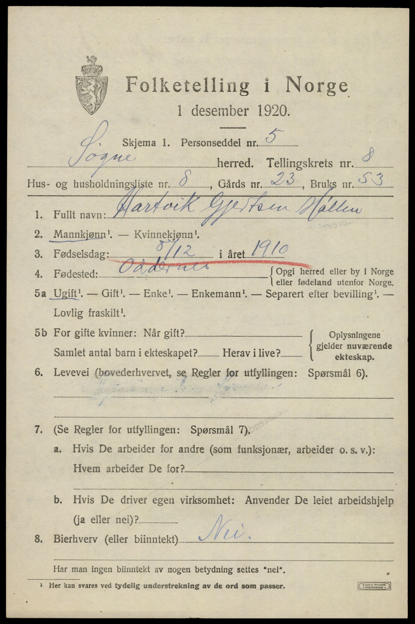 SAK, 1920 census for Søgne, 1920, p. 2825