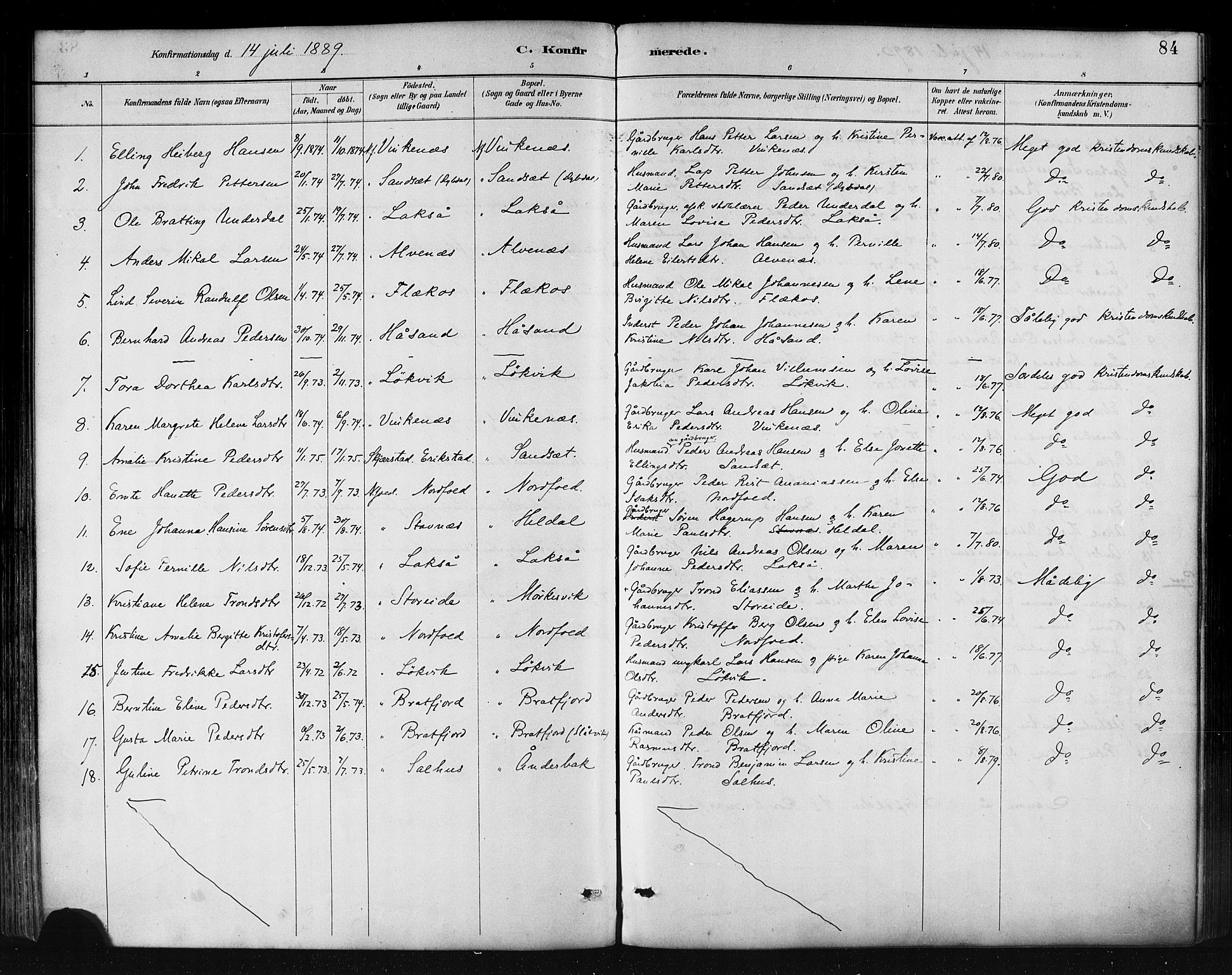 Ministerialprotokoller, klokkerbøker og fødselsregistre - Nordland, AV/SAT-A-1459/858/L0831: Parish register (official) no. 858A01, 1884-1902, p. 84