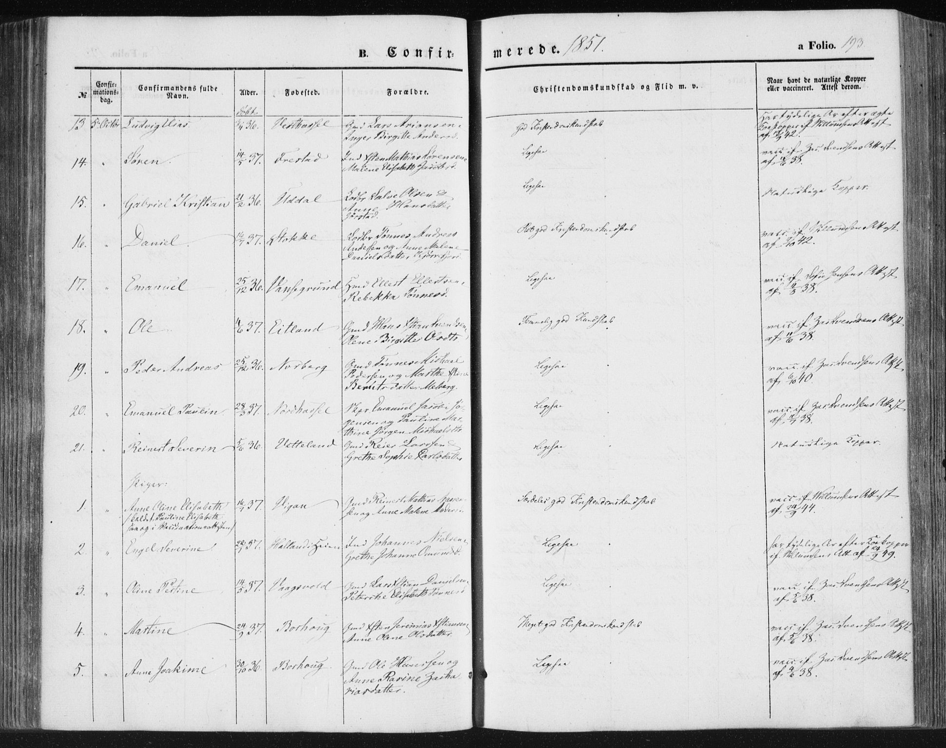 Lista sokneprestkontor, AV/SAK-1111-0027/F/Fa/L0010: Parish register (official) no. A 10, 1846-1861, p. 193