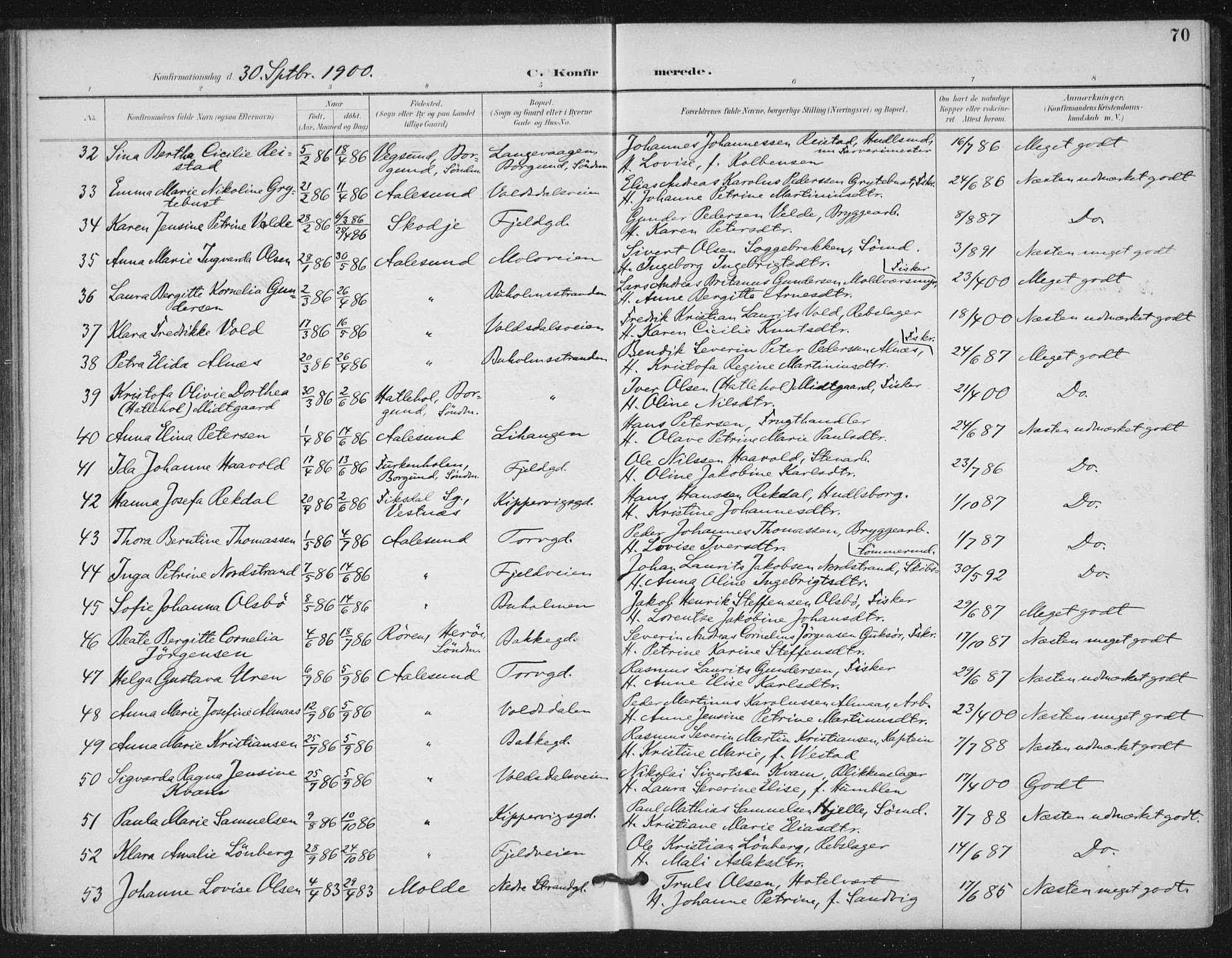 Ministerialprotokoller, klokkerbøker og fødselsregistre - Møre og Romsdal, SAT/A-1454/529/L0457: Parish register (official) no. 529A07, 1894-1903, p. 70