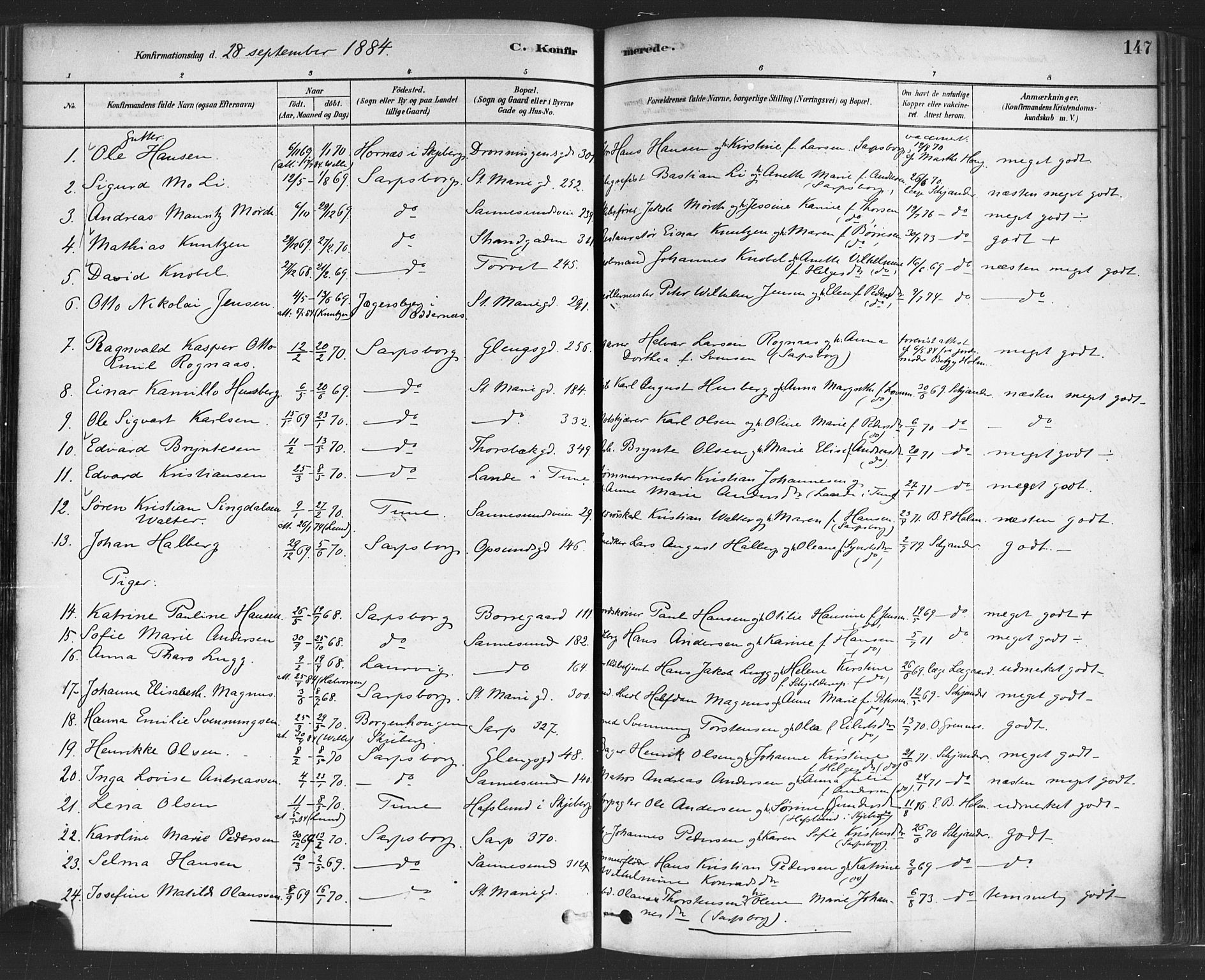 Sarpsborg prestekontor Kirkebøker, SAO/A-2006/F/Fa/L0003: Parish register (official) no. 3, 1878-1891, p. 147