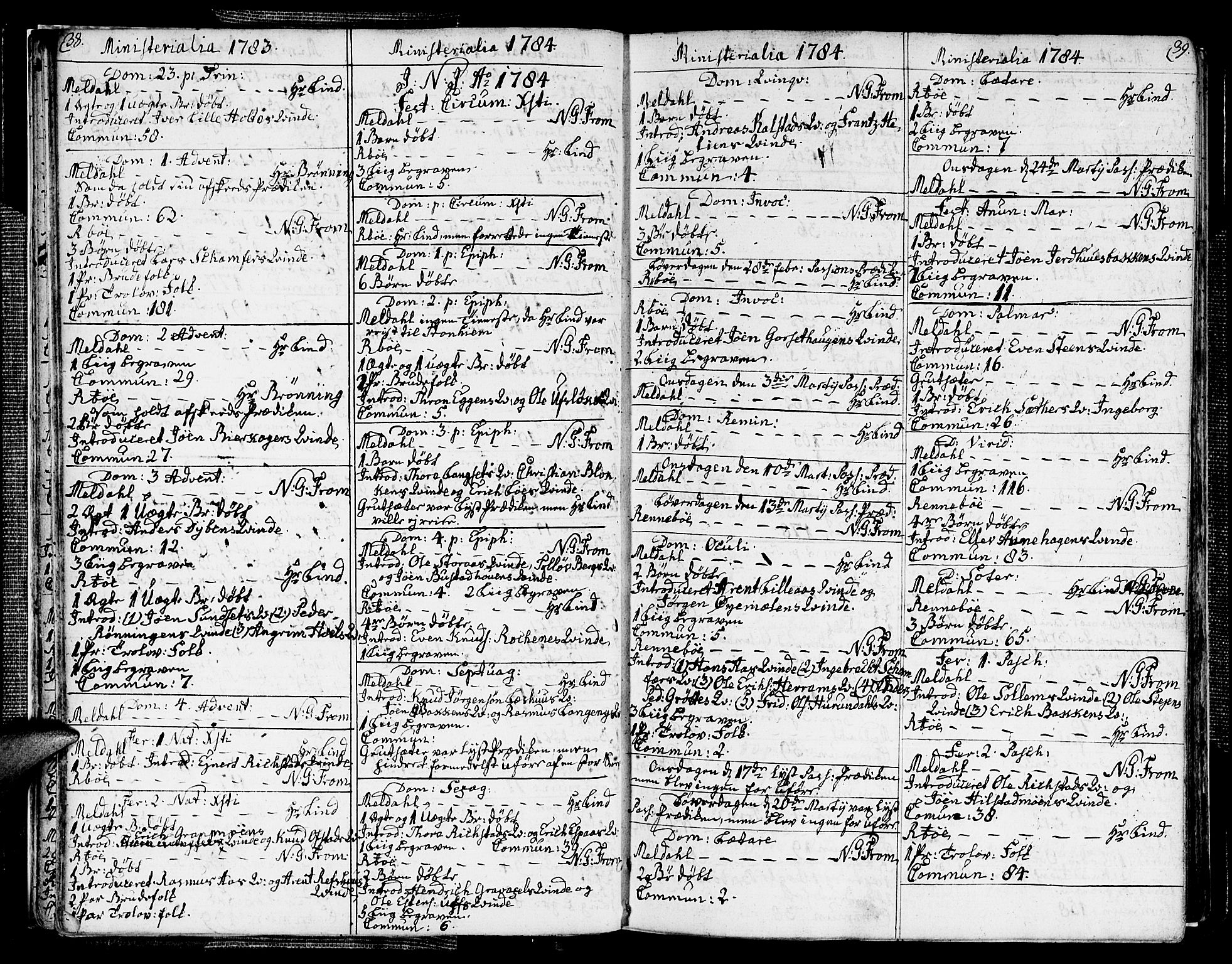 Ministerialprotokoller, klokkerbøker og fødselsregistre - Sør-Trøndelag, SAT/A-1456/672/L0852: Parish register (official) no. 672A05, 1776-1815, p. 38-39
