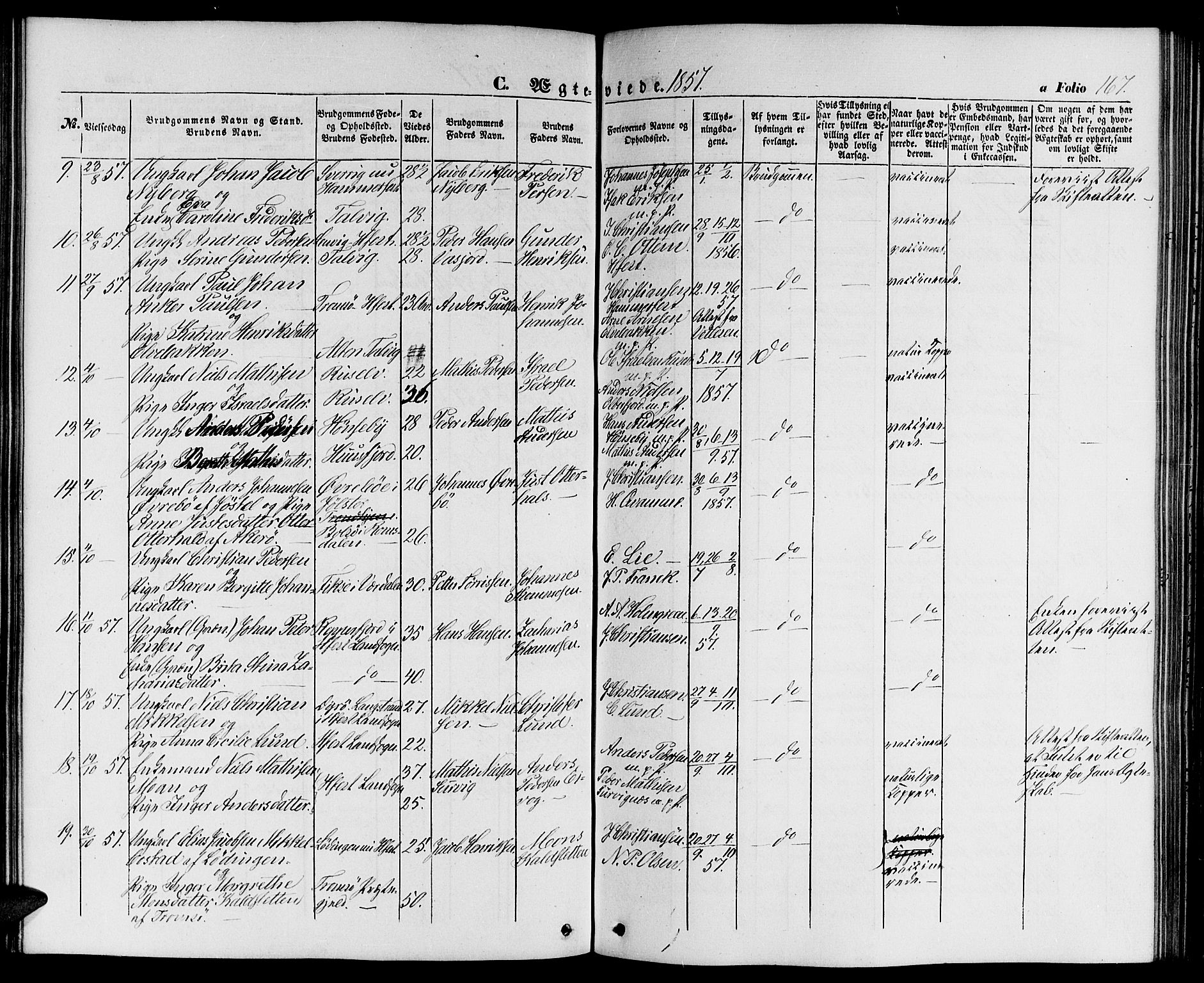 Hammerfest sokneprestkontor, AV/SATØ-S-1347/H/Hb/L0002.klokk: Parish register (copy) no. 2, 1851-1861, p. 167