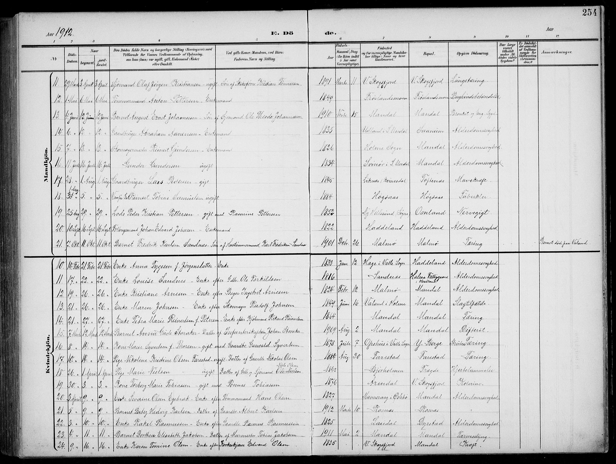 Mandal sokneprestkontor, AV/SAK-1111-0030/F/Fb/Fba/L0012: Parish register (copy) no. B 6, 1899-1918, p. 254