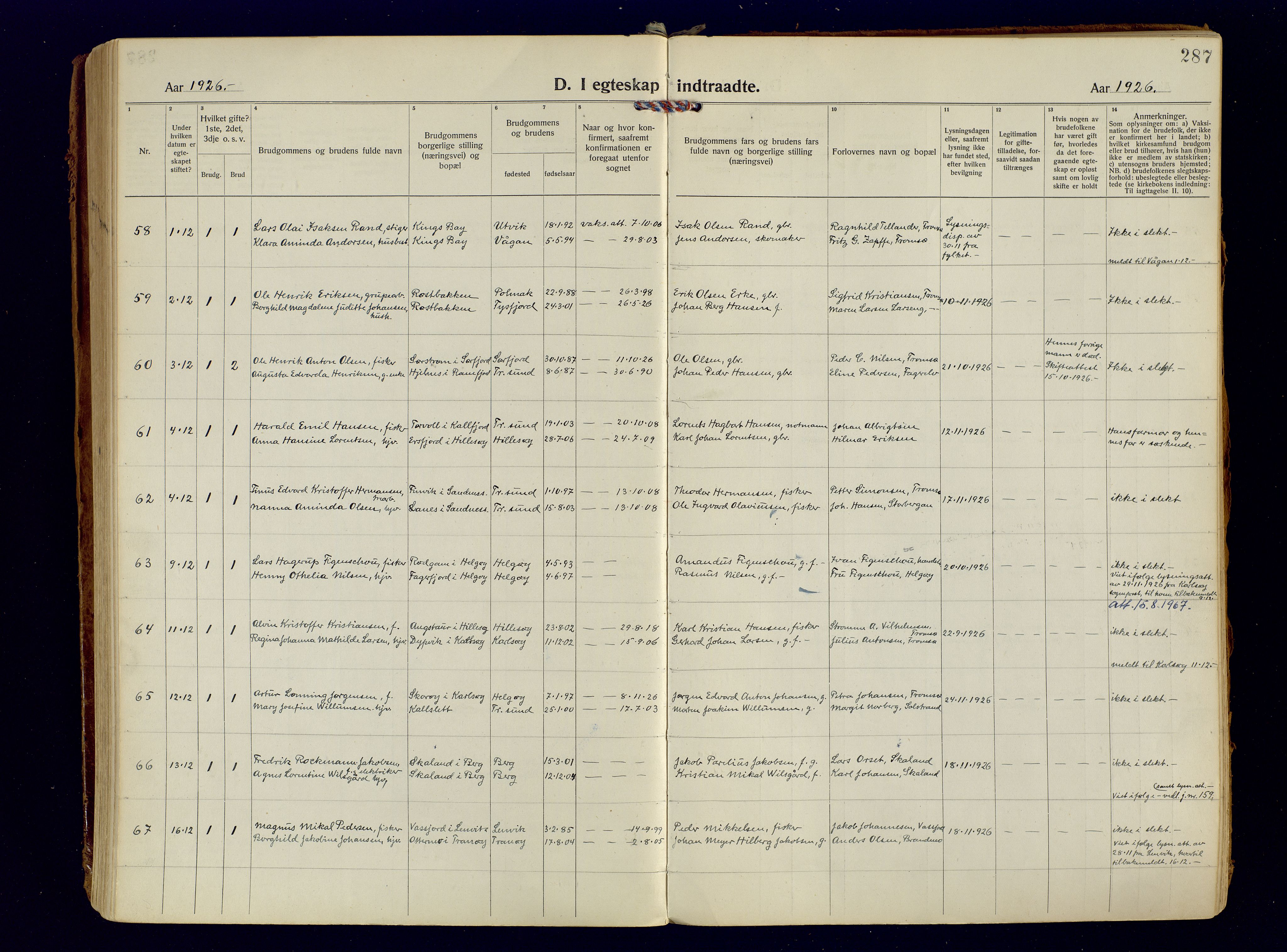 Tromsøysund sokneprestkontor, AV/SATØ-S-1304/G/Ga/L0009kirke: Parish register (official) no. 9, 1922-1934, p. 287