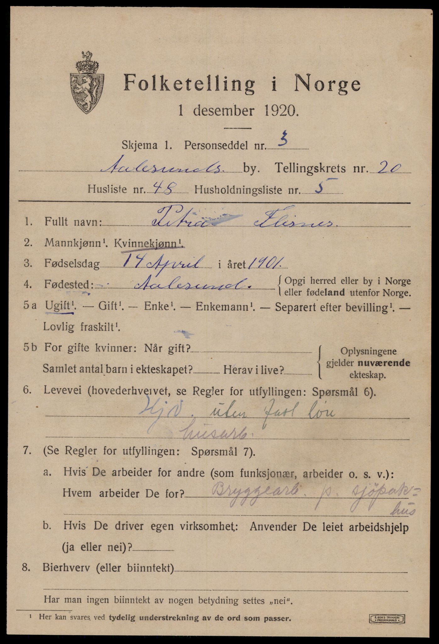 SAT, 1920 census for Ålesund, 1920, p. 39418