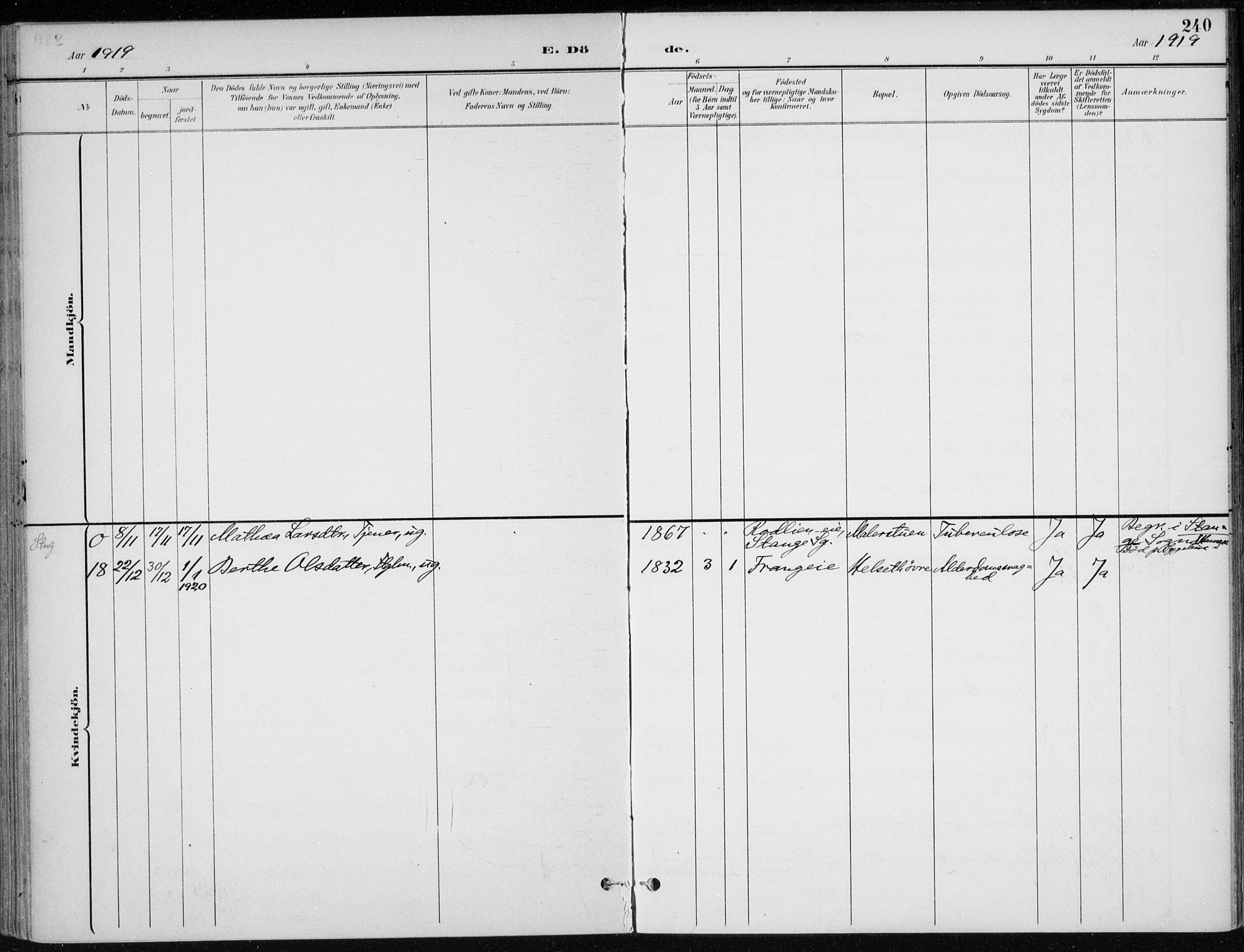 Stange prestekontor, SAH/PREST-002/K/L0023: Parish register (official) no. 23, 1897-1920, p. 240