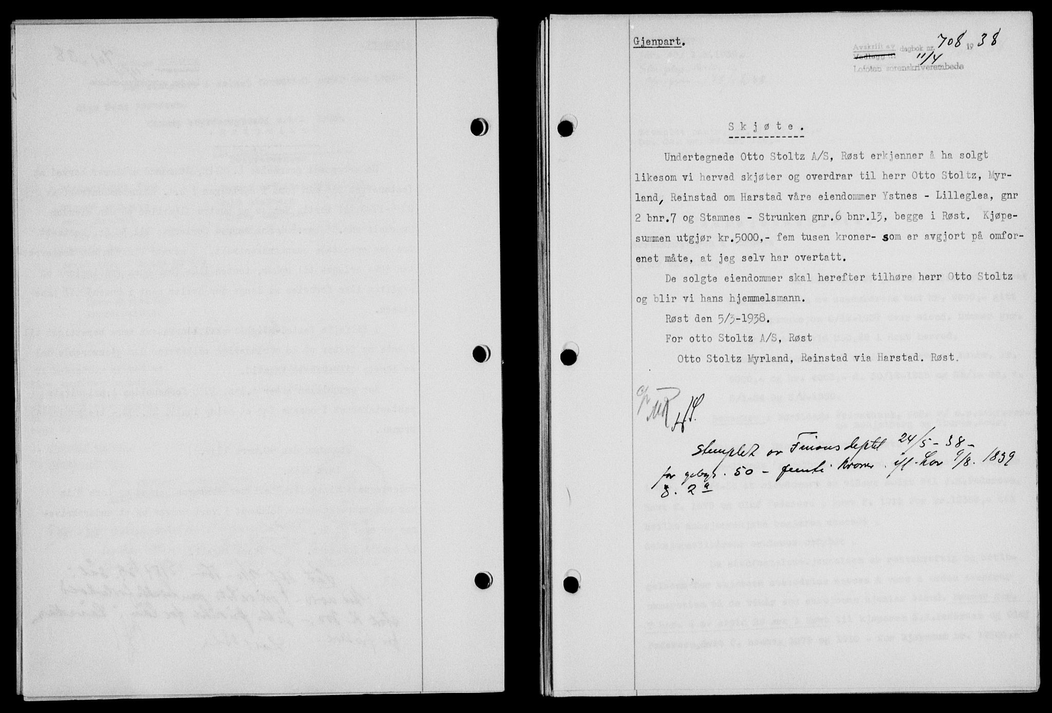 Lofoten sorenskriveri, SAT/A-0017/1/2/2C/L0004a: Mortgage book no. 4a, 1938-1938, Diary no: : 708/1938