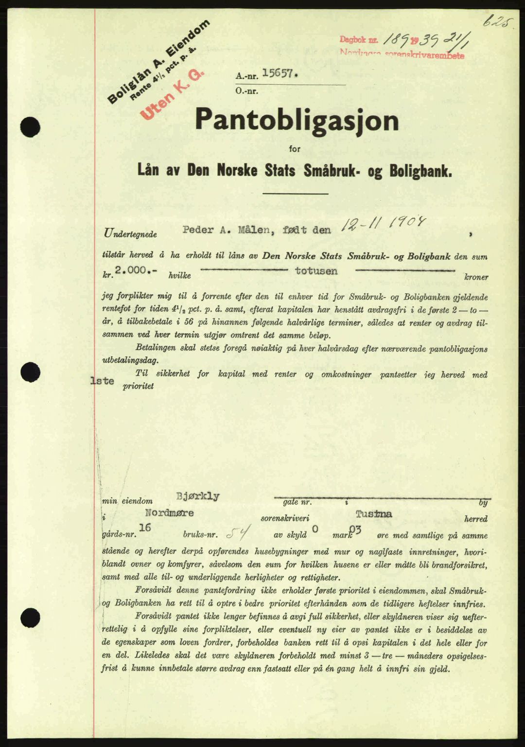 Nordmøre sorenskriveri, SAT/A-4132/1/2/2Ca: Mortgage book no. B84, 1938-1939, Diary no: : 189/1939