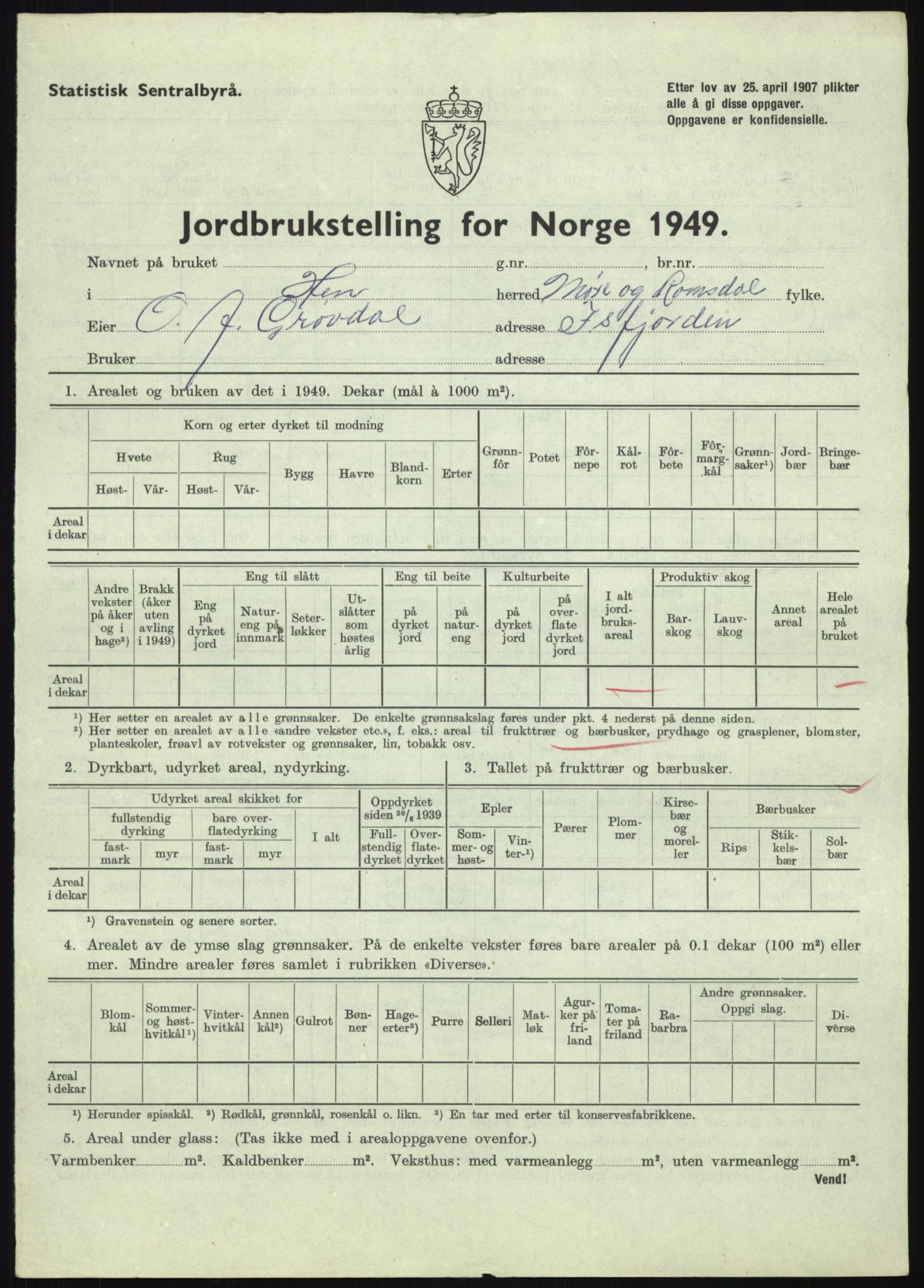 Statistisk sentralbyrå, Næringsøkonomiske emner, Jordbruk, skogbruk, jakt, fiske og fangst, AV/RA-S-2234/G/Gc/L0323: Møre og Romsdal: Grytten og Hen, 1949, p. 383