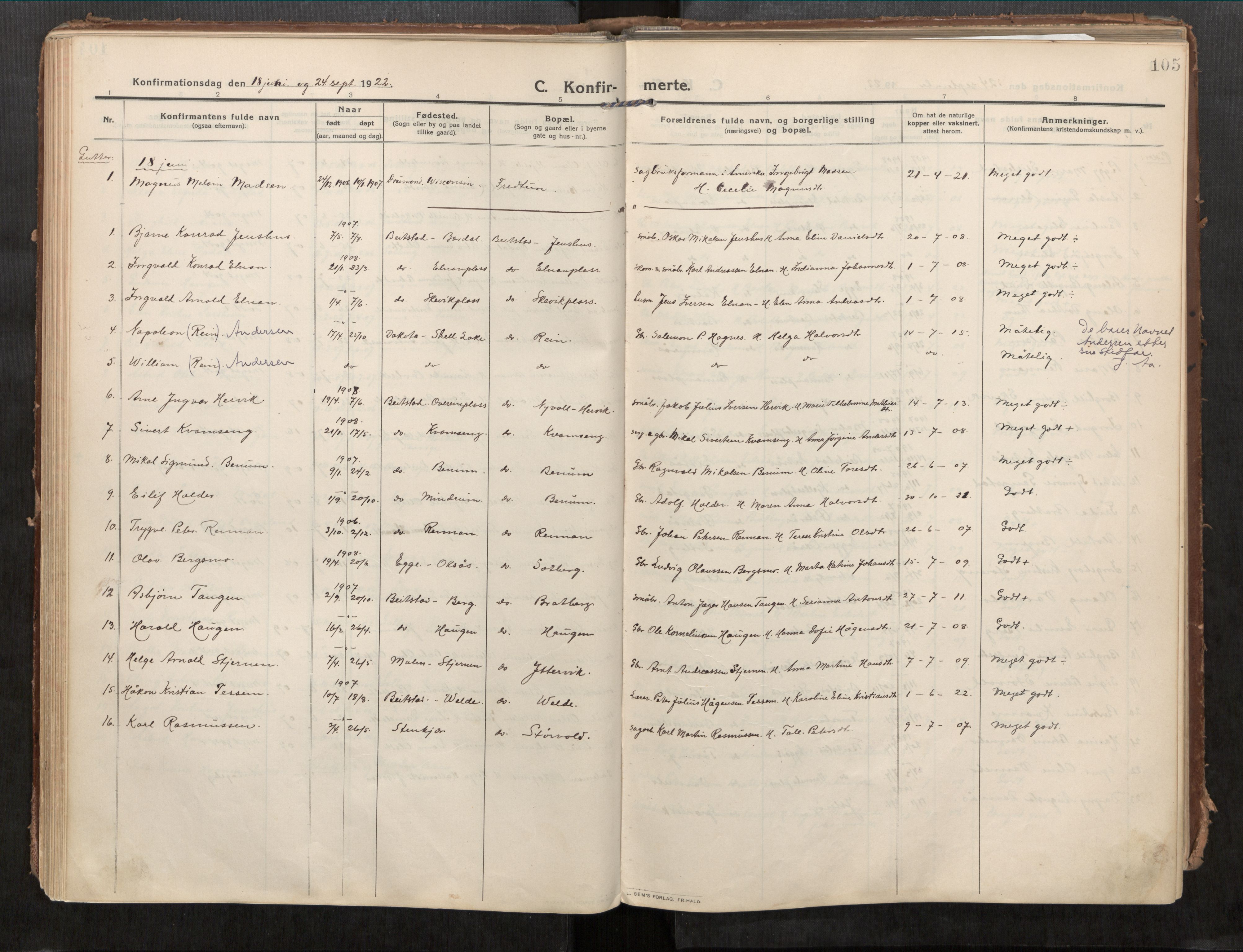 Beitstad sokneprestkontor, SAT/A-1162/I/I1/I1a/L0001: Parish register (official) no. 1, 1912-1927, p. 105