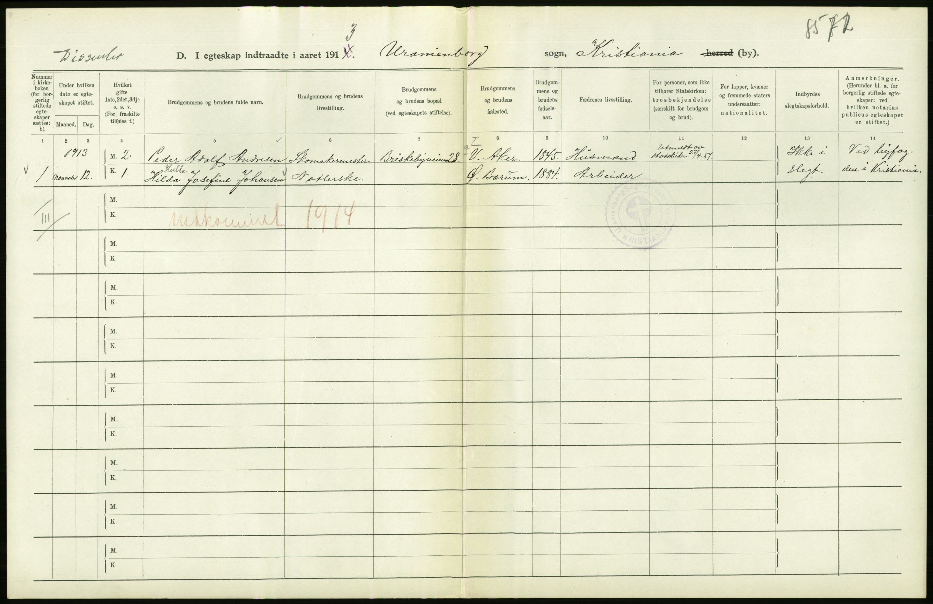 Statistisk sentralbyrå, Sosiodemografiske emner, Befolkning, RA/S-2228/D/Df/Dfb/Dfbc/L0008: Kristiania: Gifte., 1913, p. 578