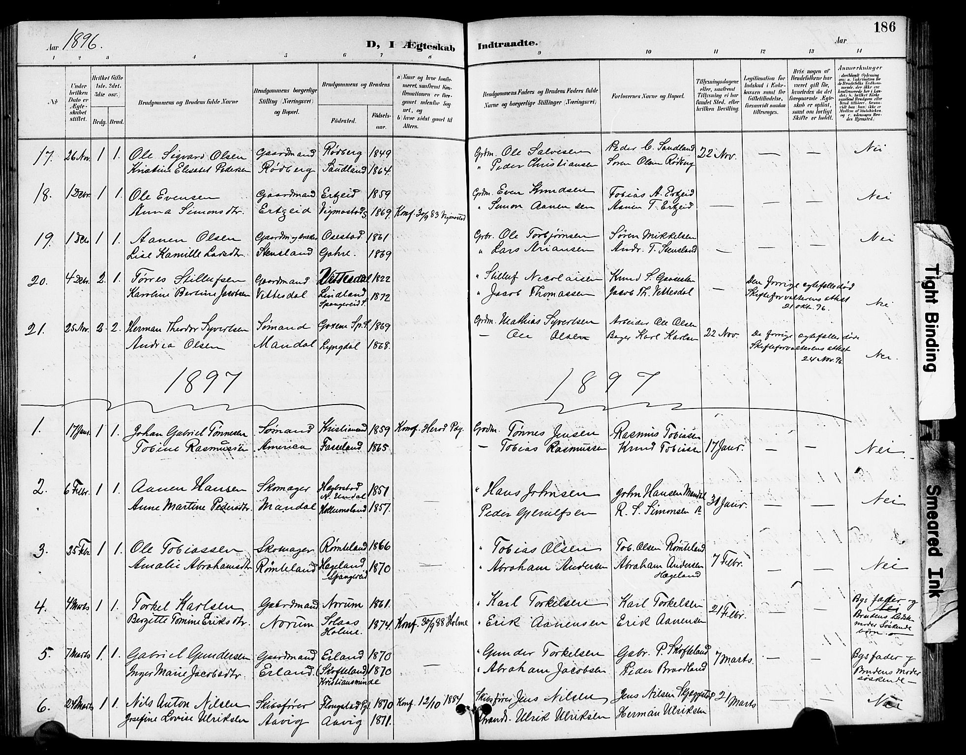 Sør-Audnedal sokneprestkontor, AV/SAK-1111-0039/F/Fb/Fbb/L0006: Parish register (copy) no. B 6, 1893-1915, p. 186