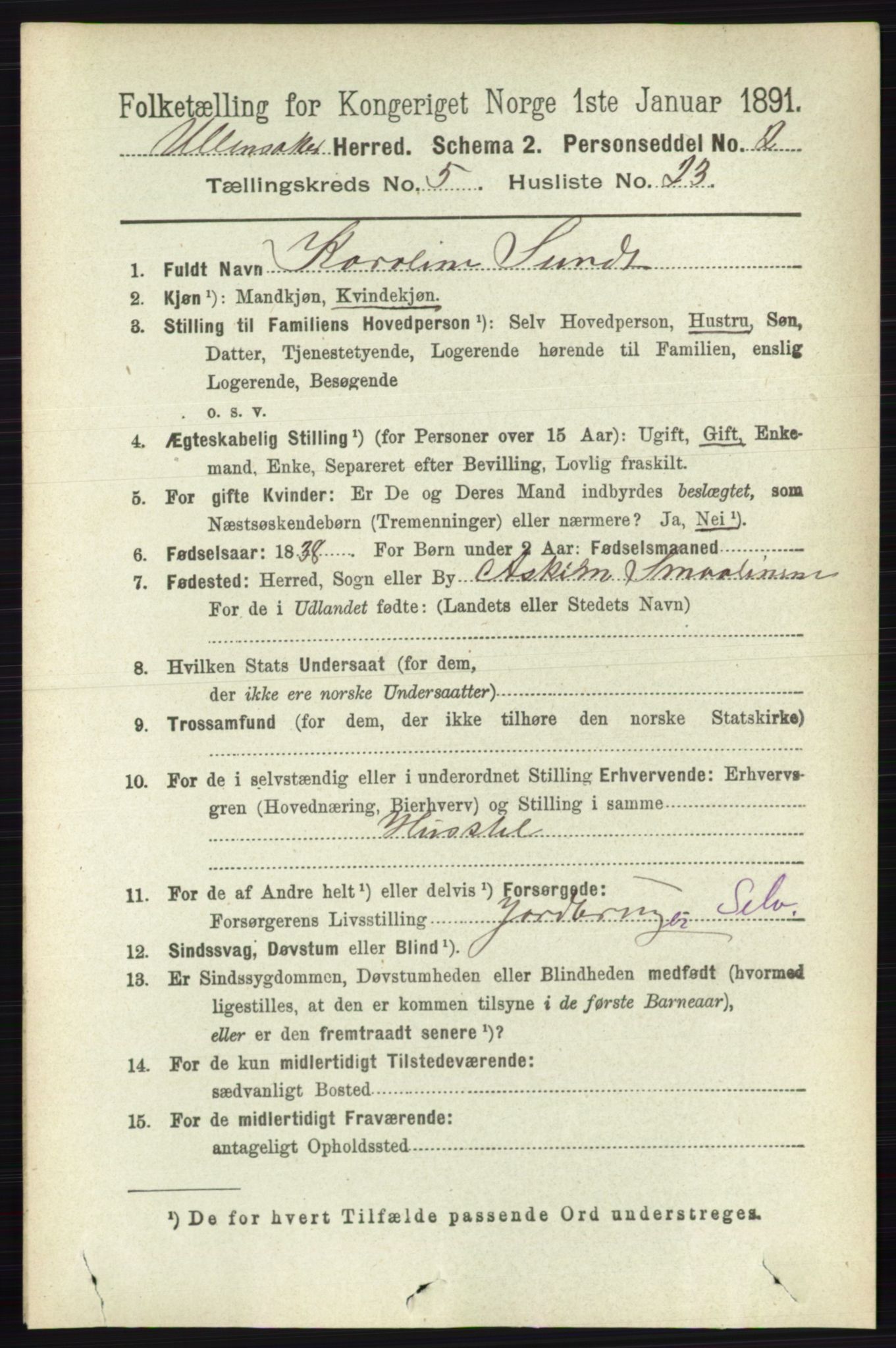 RA, 1891 census for 0235 Ullensaker, 1891, p. 2218