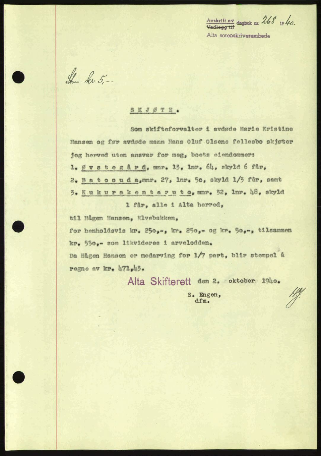 Alta fogderi/sorenskriveri, SATØ/SATØ-5/1/K/Kd/L0033pantebok: Mortgage book no. 33, 1940-1943, Diary no: : 268/1940