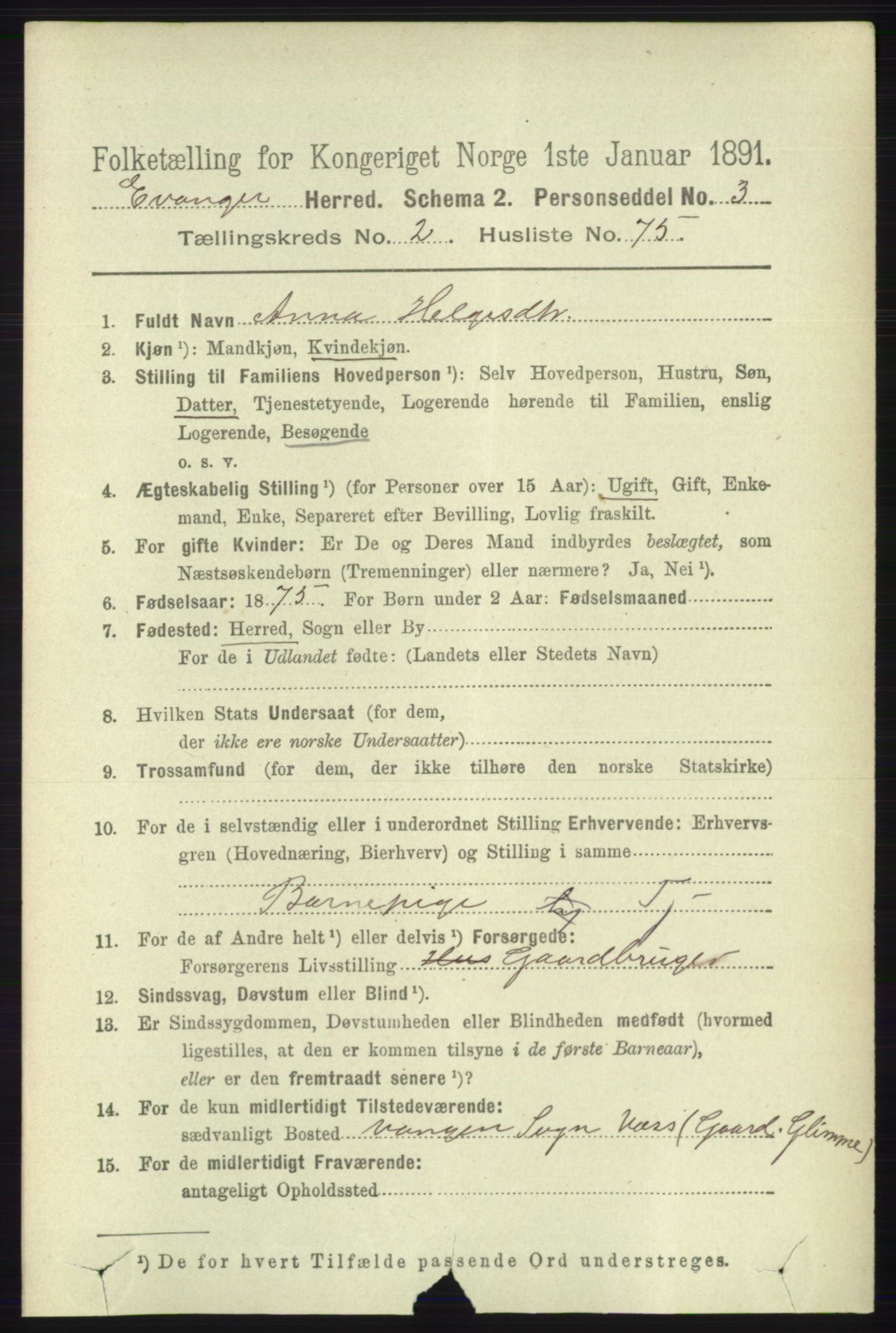 RA, 1891 census for 1237 Evanger, 1891, p. 800