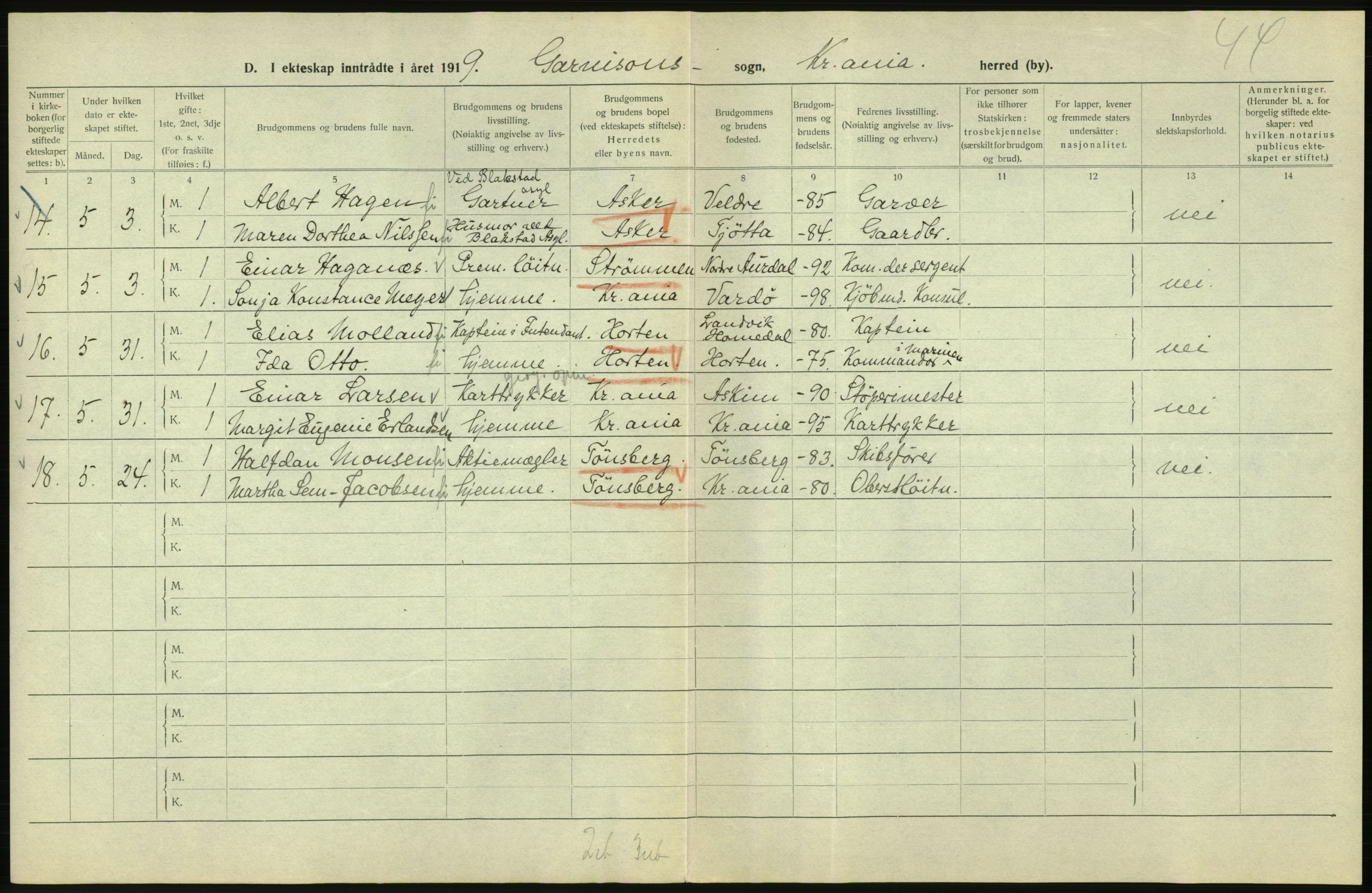 Statistisk sentralbyrå, Sosiodemografiske emner, Befolkning, AV/RA-S-2228/D/Df/Dfb/Dfbi/L0009: Kristiania: Gifte, 1919, p. 764