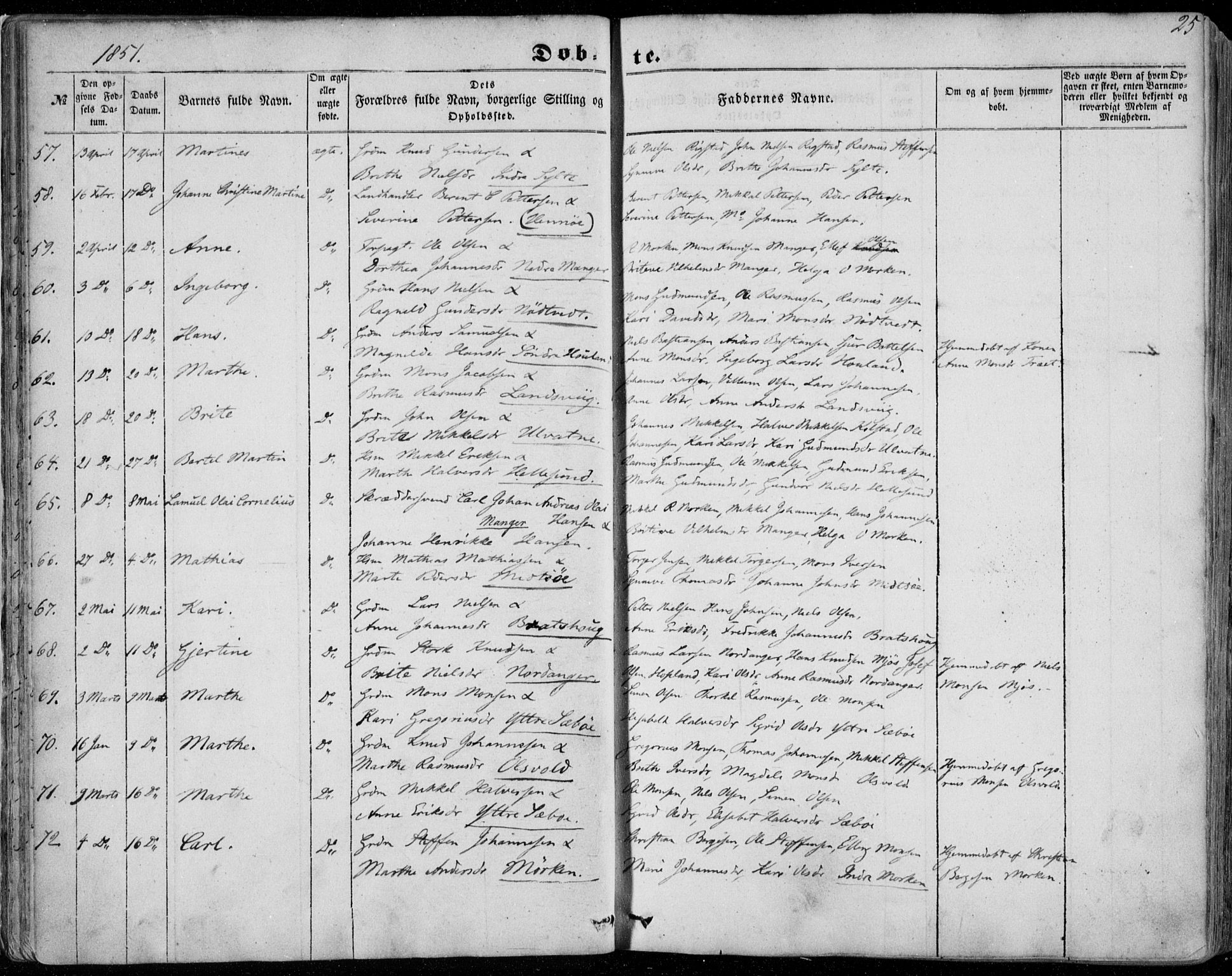 Manger sokneprestembete, AV/SAB-A-76801/H/Haa: Parish register (official) no. A 6, 1849-1859, p. 25