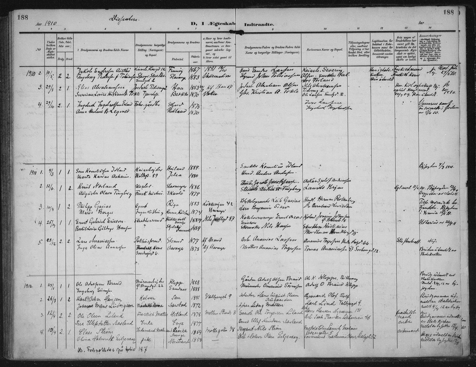 Domkirken sokneprestkontor, SAST/A-101812/002/A/L0016: Parish register (official) no. A 33, 1905-1922, p. 188