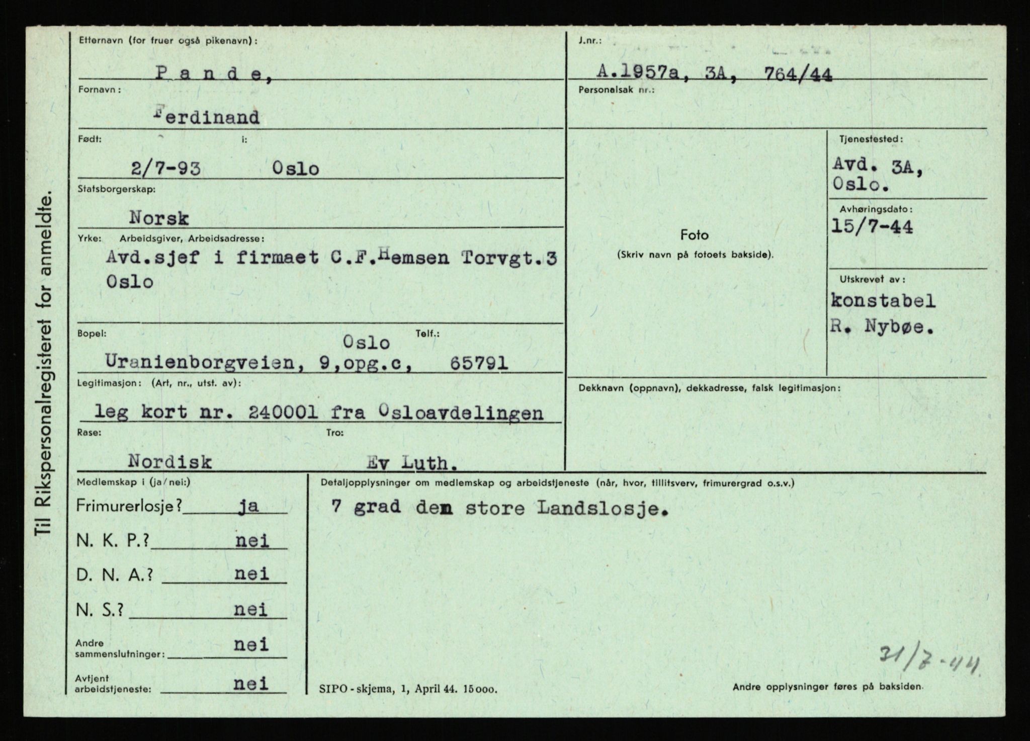 Statspolitiet - Hovedkontoret / Osloavdelingen, AV/RA-S-1329/C/Ca/L0012: Oanæs - Quistgaard	, 1943-1945, p. 2911