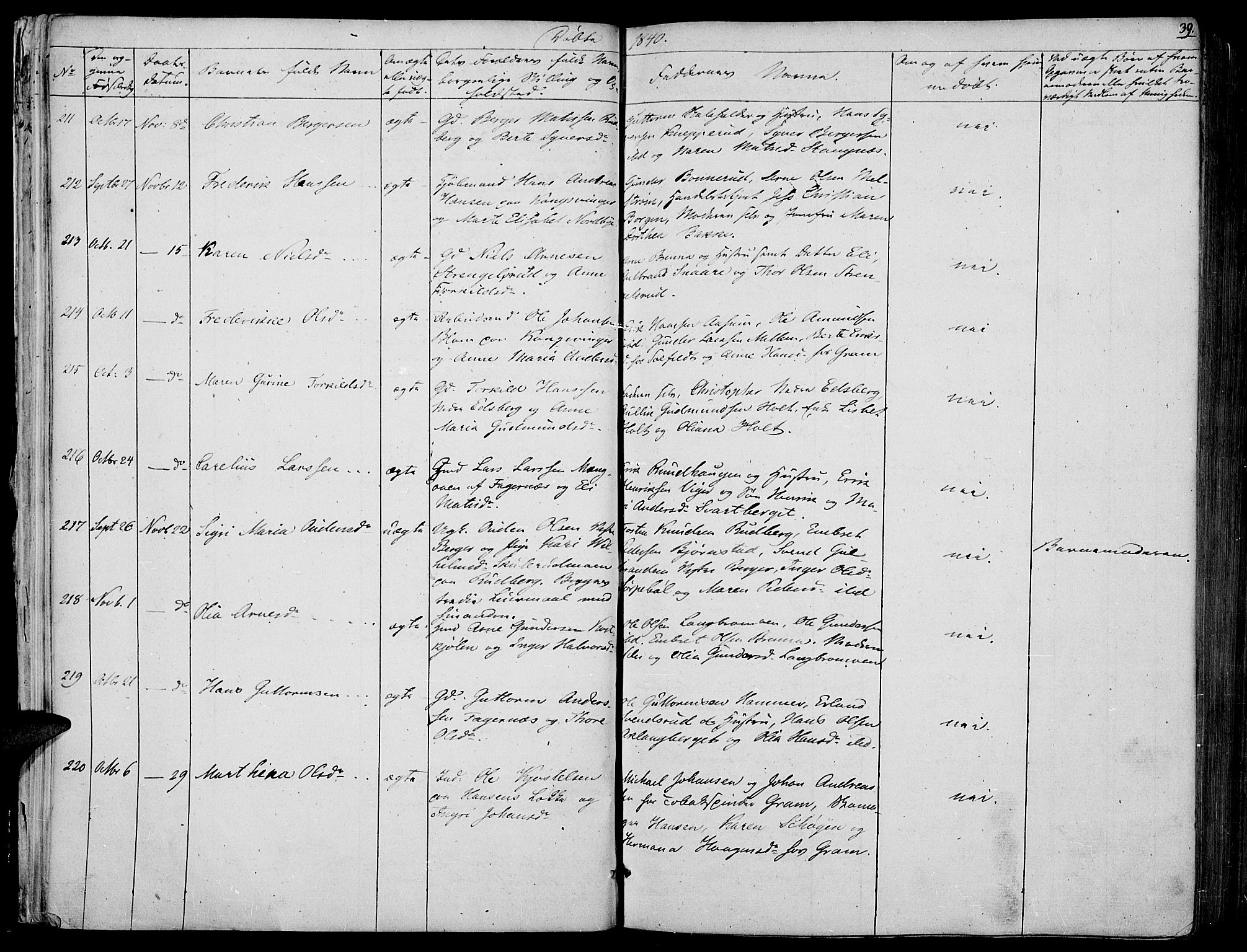 Vinger prestekontor, AV/SAH-PREST-024/H/Ha/Haa/L0008: Parish register (official) no. 8, 1839-1847, p. 39