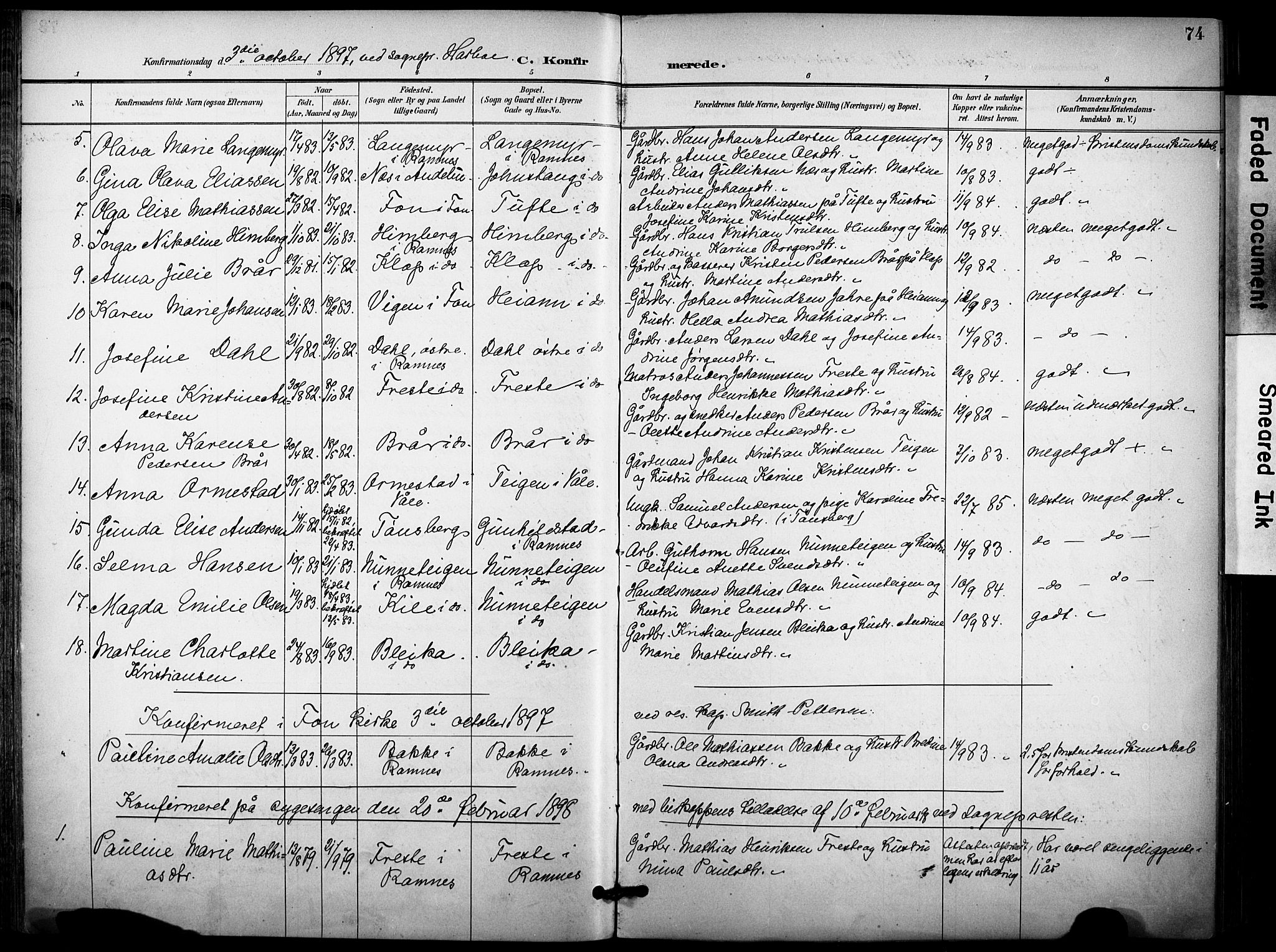 Ramnes kirkebøker, AV/SAKO-A-314/F/Fa/L0008: Parish register (official) no. I 8, 1896-1913, p. 74