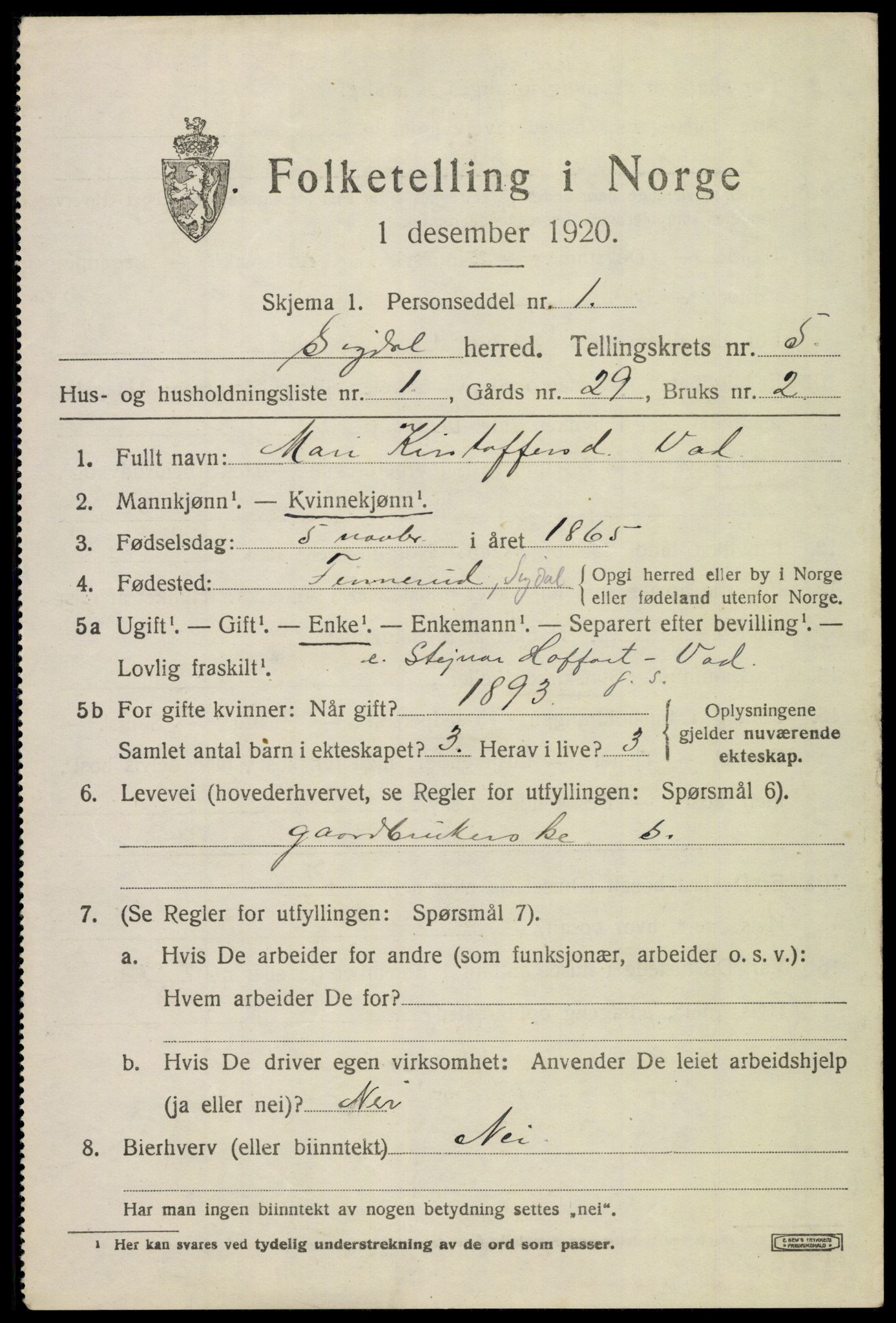 SAKO, 1920 census for Sigdal, 1920, p. 3786