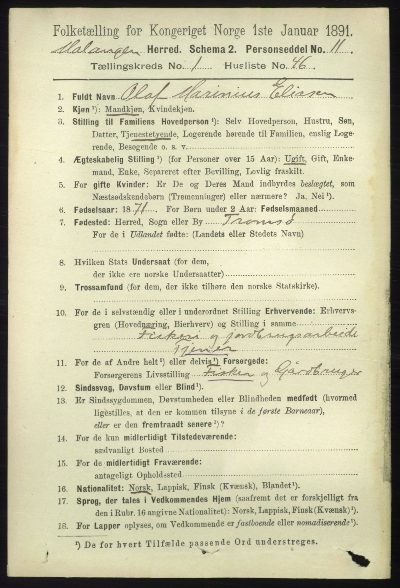 RA, 1891 census for 1932 Malangen, 1891, p. 405