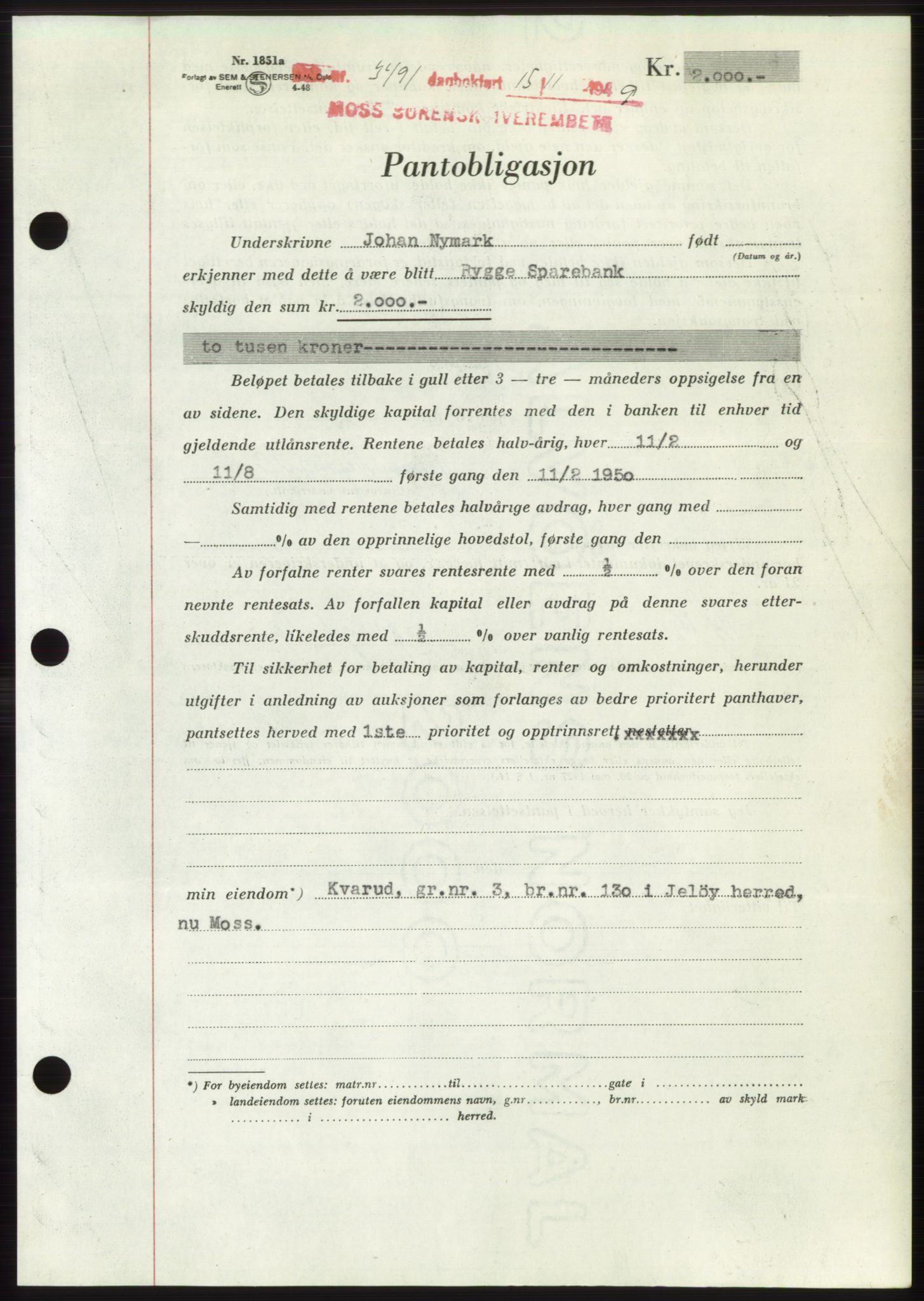Moss sorenskriveri, SAO/A-10168: Mortgage book no. B23, 1949-1950, Diary no: : 3491/1949