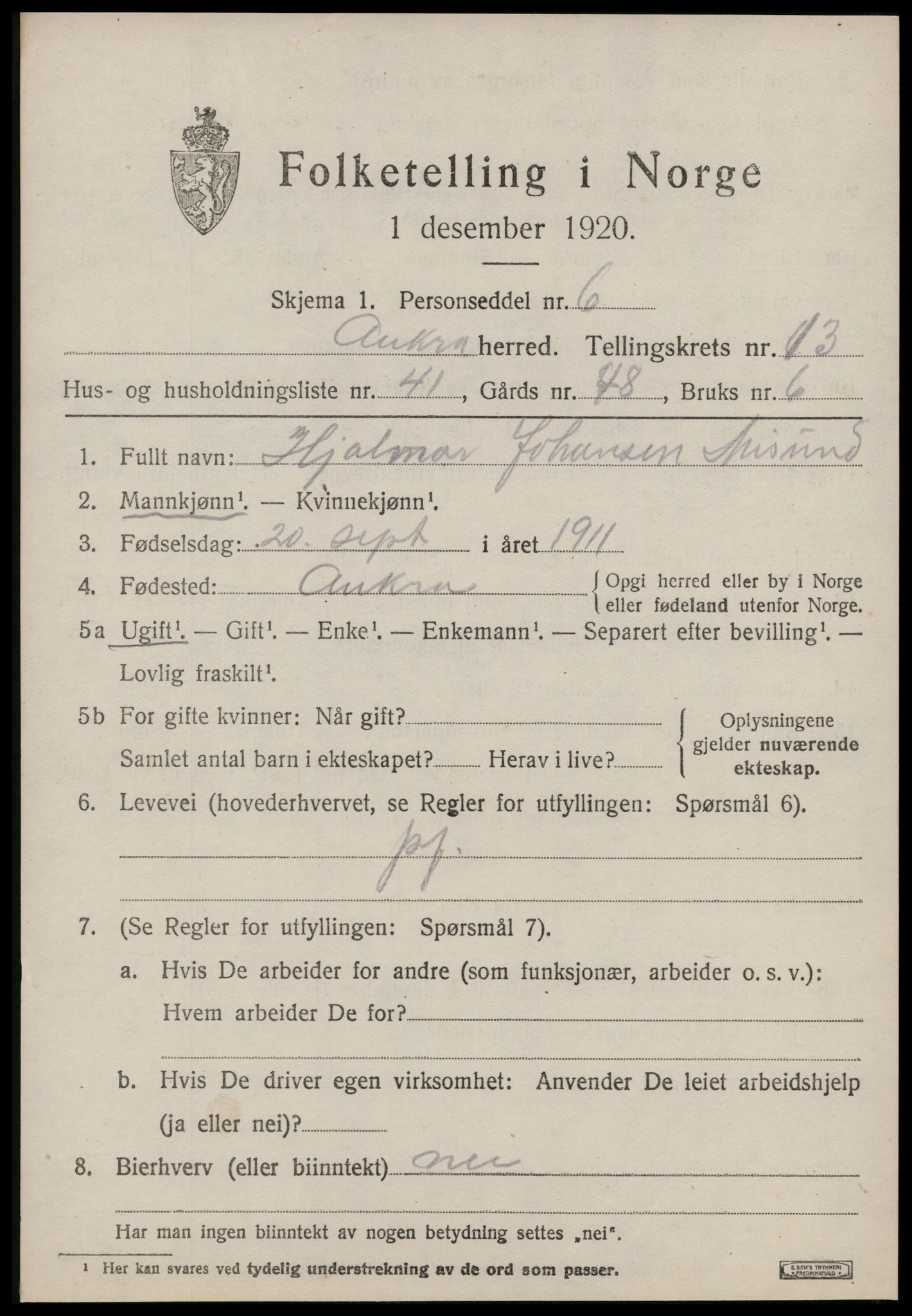 SAT, 1920 census for Aukra, 1920, p. 6159