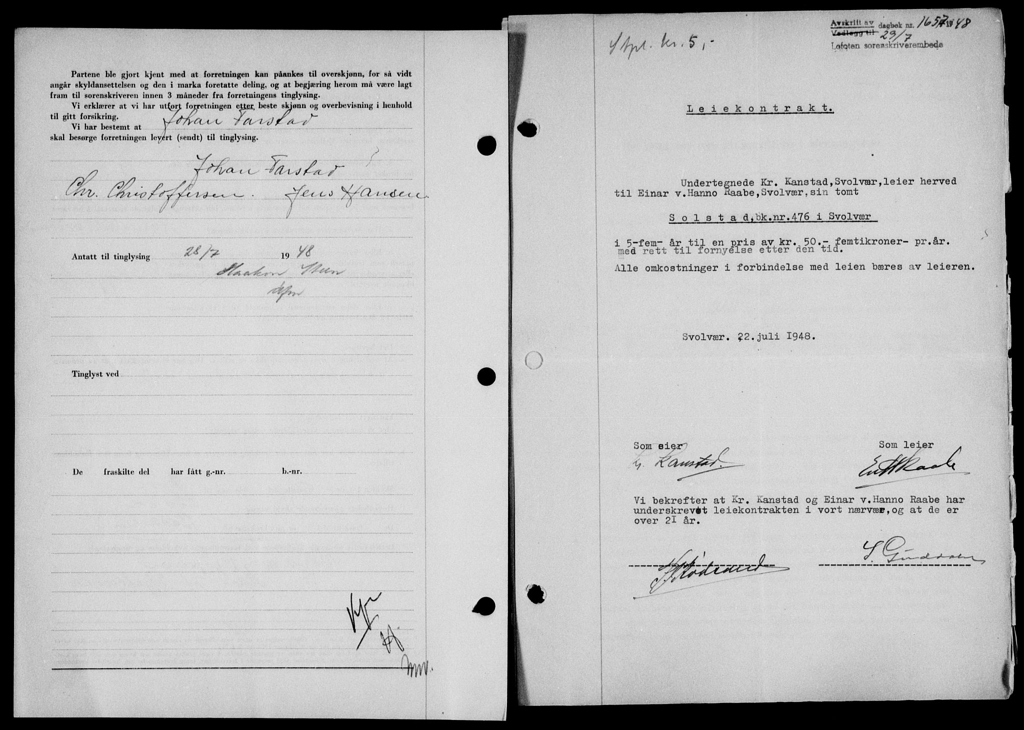 Lofoten sorenskriveri, AV/SAT-A-0017/1/2/2C/L0018a: Mortgage book no. 18a, 1948-1948, Diary no: : 1657/1948