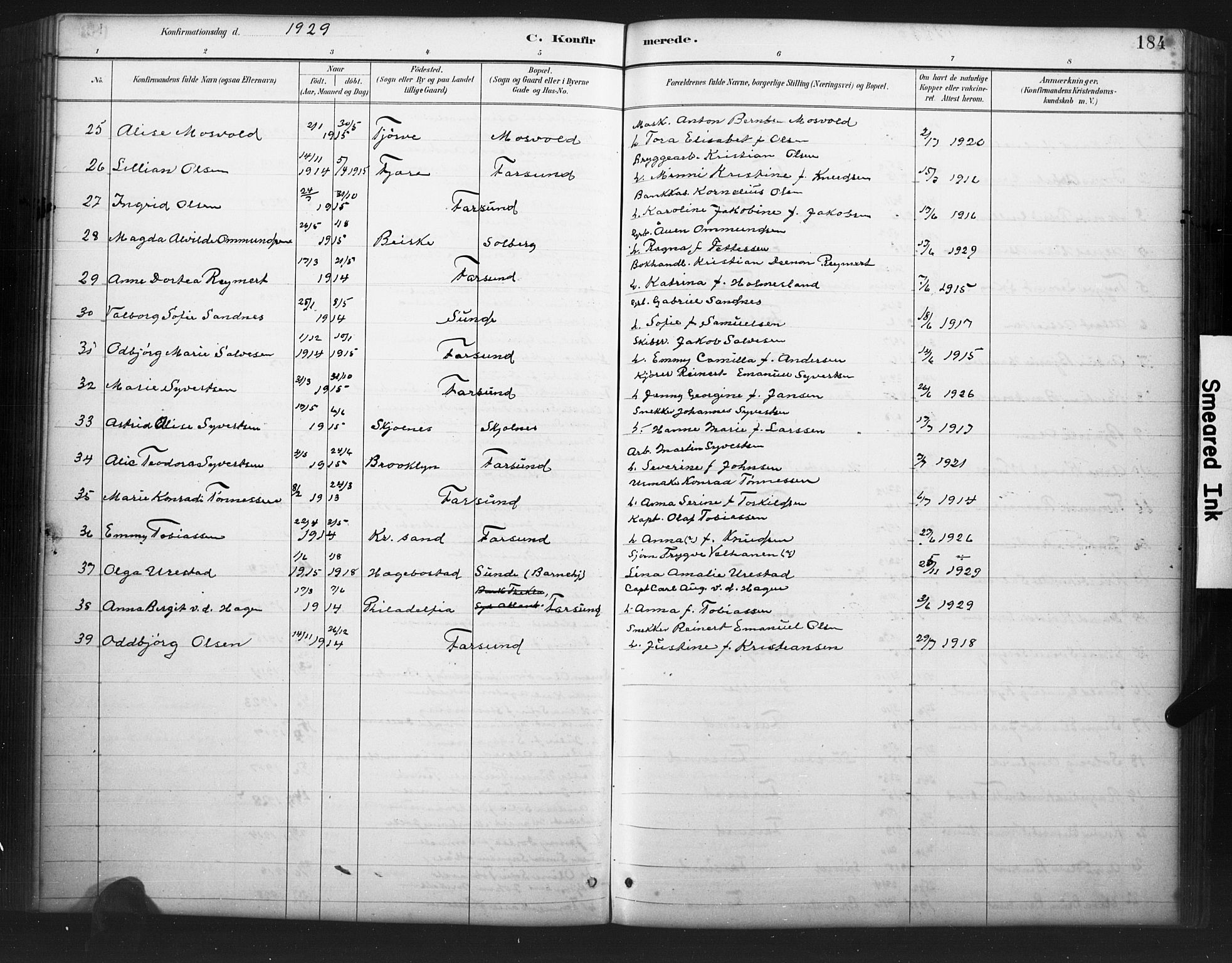 Farsund sokneprestkontor, AV/SAK-1111-0009/F/Fb/L0001: Parish register (copy) no. B 1, 1886-1931, p. 184